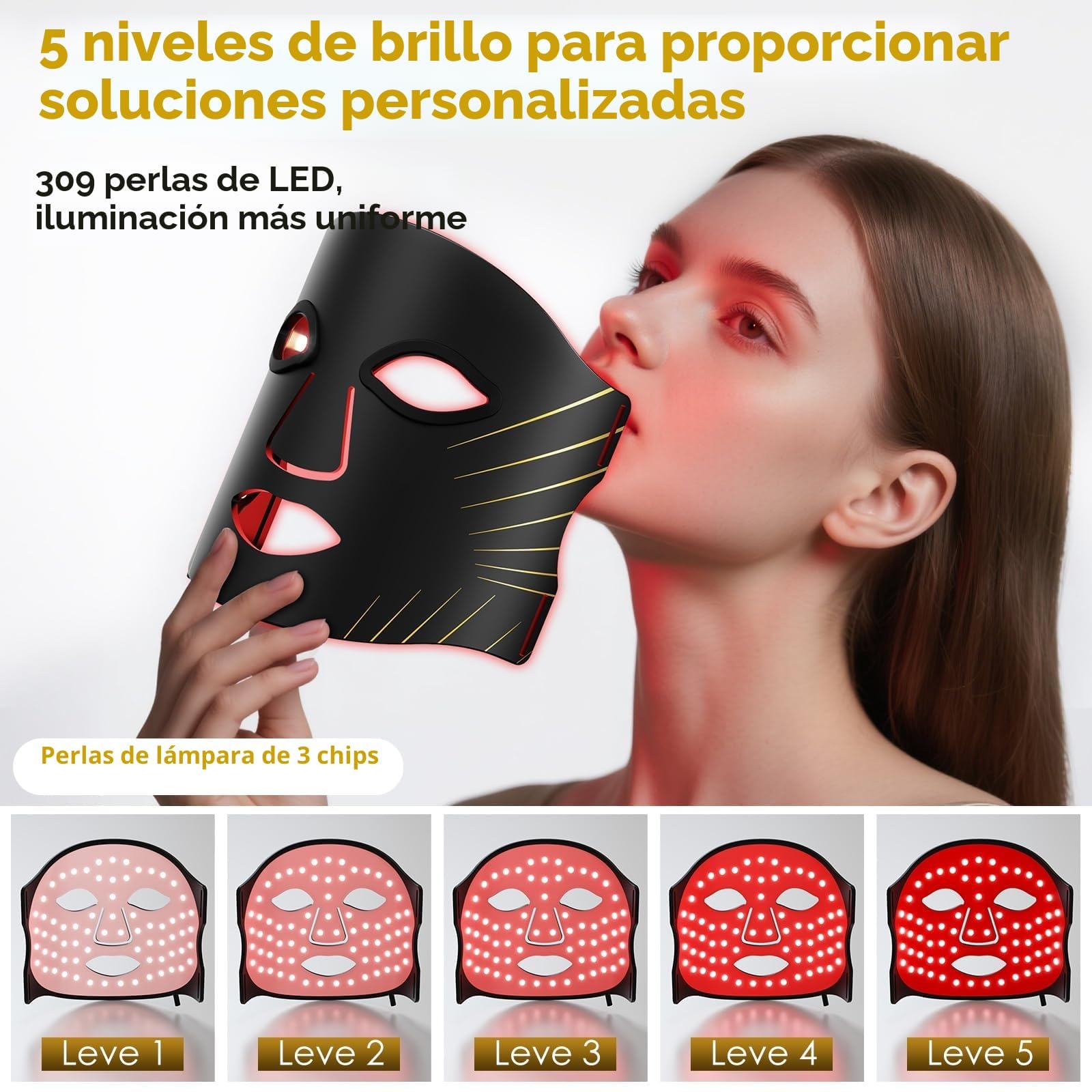 Máscara LED para cara y cuello, 7 colores, 5 niveles de brillo