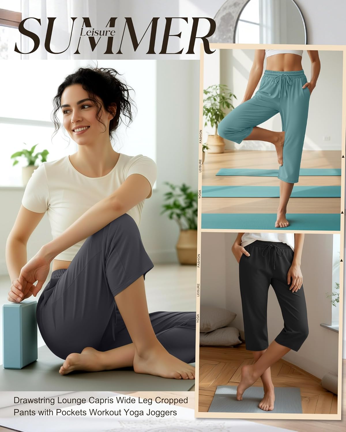 Huukeay 3 Pack Women's Capri Pants, Drawstring Lounge Capris Wide Leg Cropped Pants with Pockets Workout Yoga Joggers - Image 5