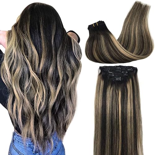 GOO GOO Remy Human Hair Extensions Clip in Balayage Natural Black to Light Blonde 14 inch 7pcs 120g Real Hair Extensions Clip in Natural Hair Extensions Silky Straight