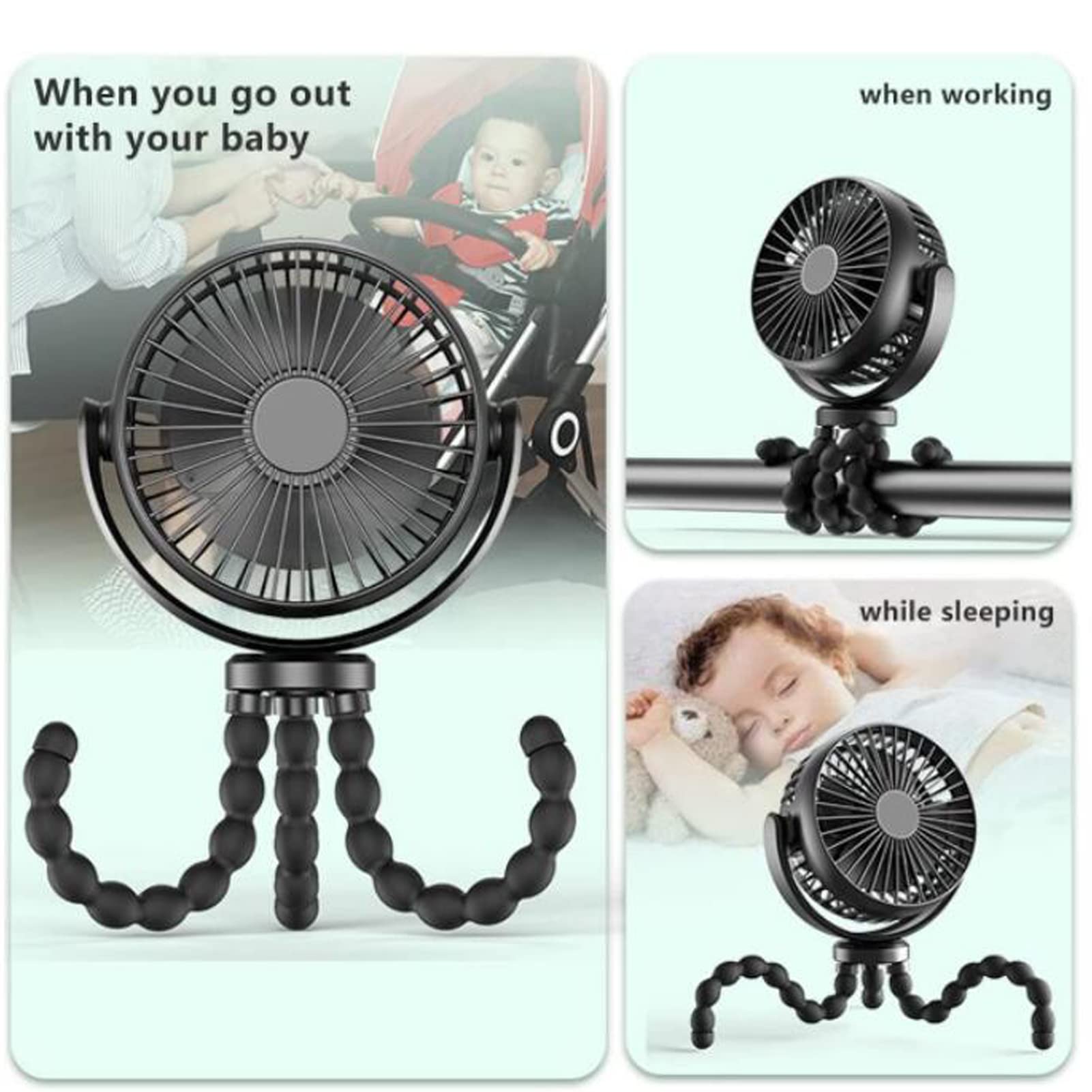 Ventilateur de poussette, ventilateur portable à 3 vitesses avec trépied flexible, double ventilateur USB rotatif à 360°