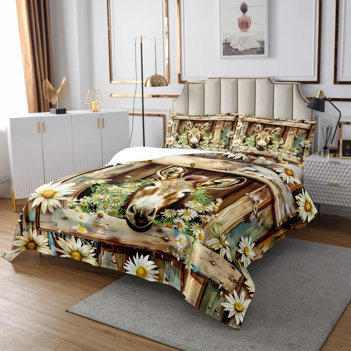 Manfei Donkey Bedspread King Size,Daisy Flowers Wooden Plank Cottage Coverlet Set,Girls Boys Women Room Decor,Rustic Farmhouse Animals Quilted Coverlet,Brown Country Retro Bedding Quilt,2 Pillowcases
