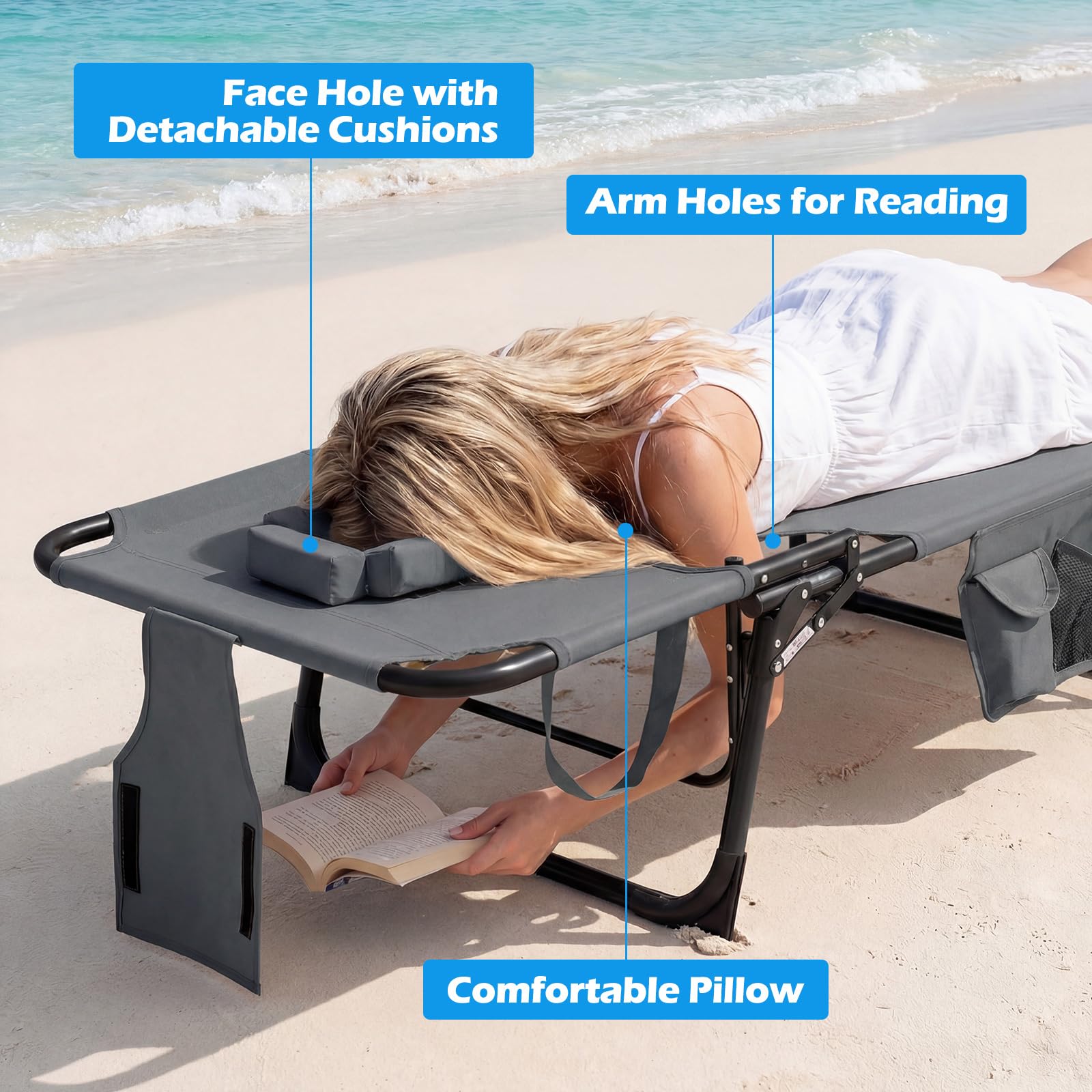 GYMAX Tanning Chair with Face Hole, Sun Bathing Lounge Chairs for Outside with Side Pocket, Folding Portable Face Down Layout Tanning Chair Beach, Backyard, Poolside, Lawn (Grey,1) - 5