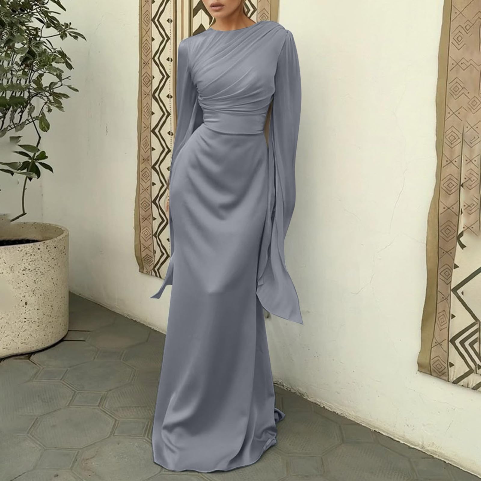 Maxikleid Damen Langarm Bindegürtel Freizeitkleid Elegant