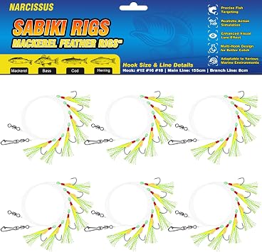 Narcissus Sabiki Rigs for Sea Fishing, 12Pack Pre-Tied Mackerel Feather Rigs with 60 Hooks, Luminous Beads & Bionic Insects, Perfect for Mackerel,Pollock,Cod,Herring,Bass