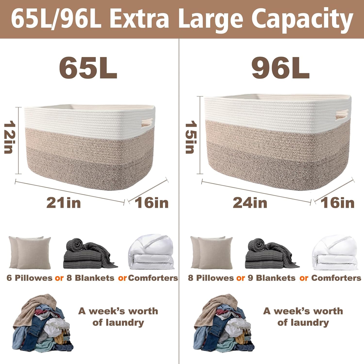  65L Large Woven Cotton Rope Blanket Basket, White&Brown thumbnail