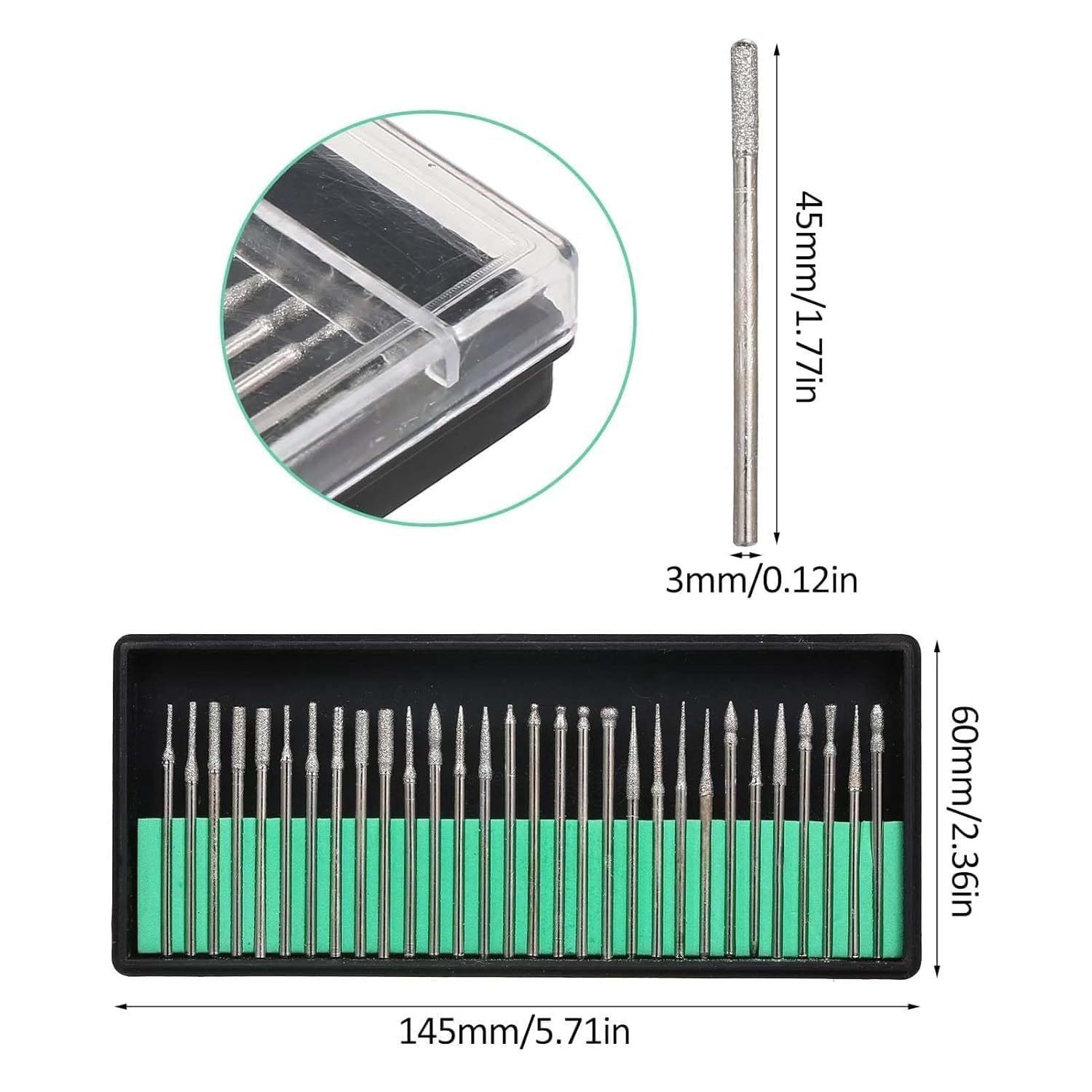 A AND S TOOL® 30Pcs Diamond Burr Bits Carving Drill Bits Diamond Burr Bits Drill Kit for Rotary Tool Metal Woodworking Router Grinding Engraving Carving 1/8''(3mm) Shank 1