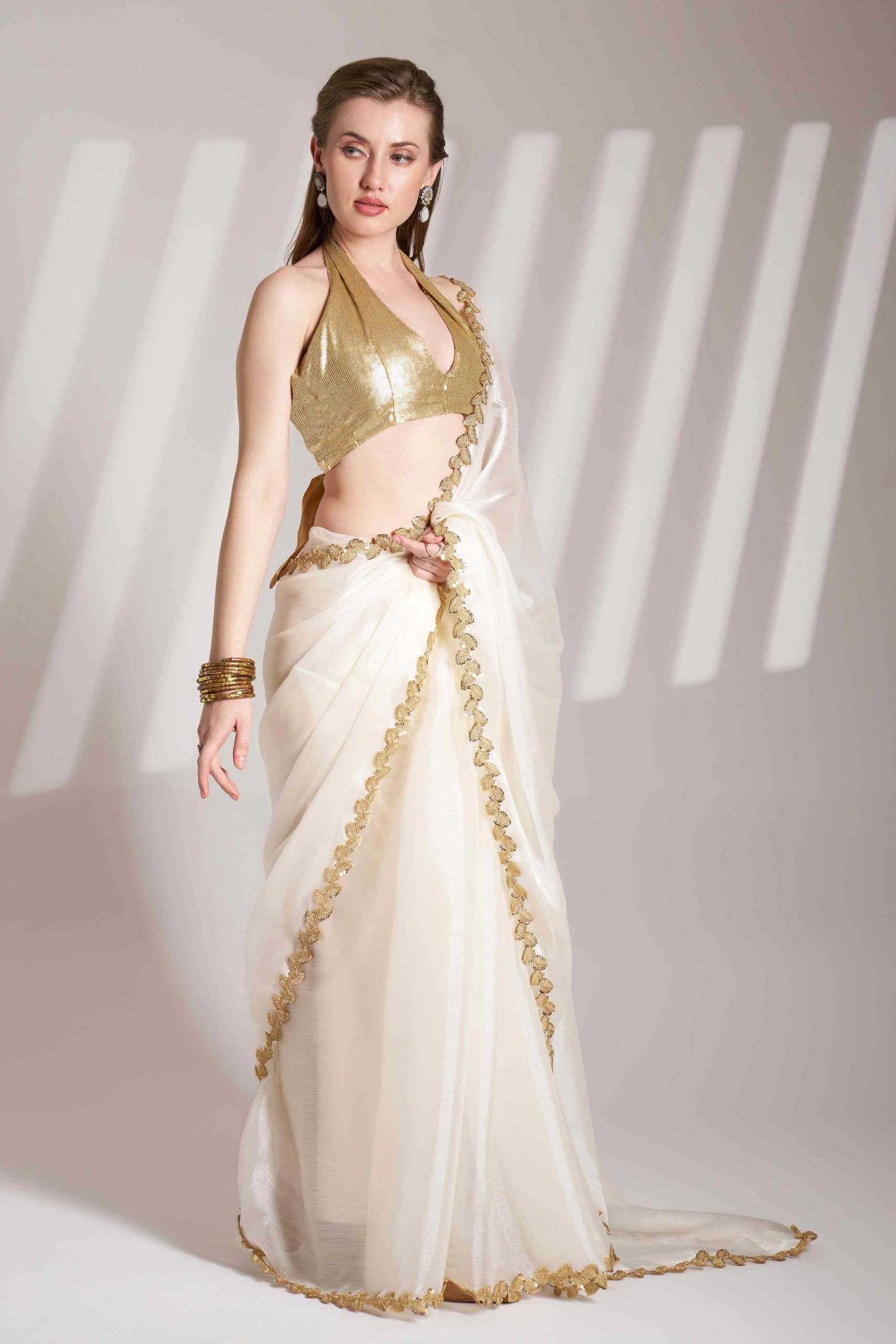 Shiv Textiles Women's Brasso Lace Border Saree(Klis-901-White)