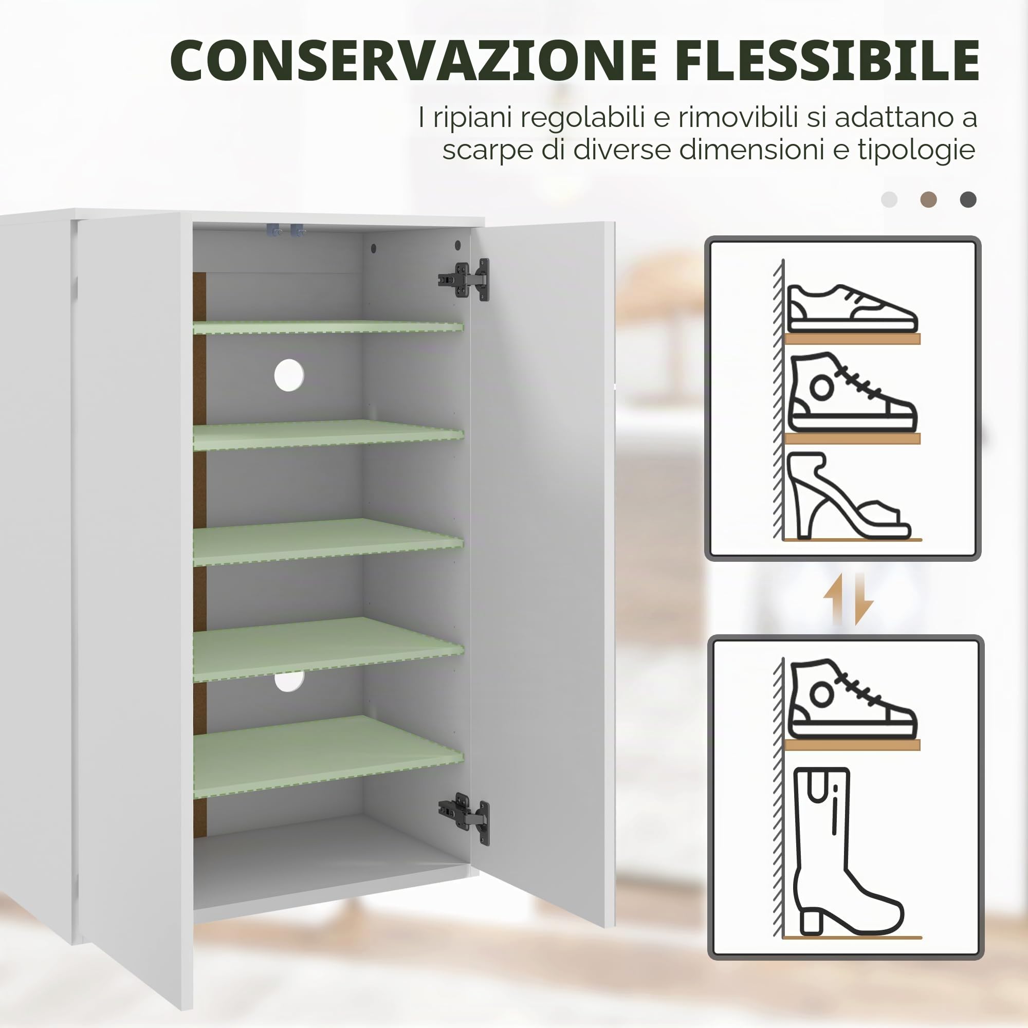HOMCOM Armadietto per scarpe con specchio 60x32x95 cm Bianco | 18 paia di scarpe, 5 ripiani regolabili, per ingresso