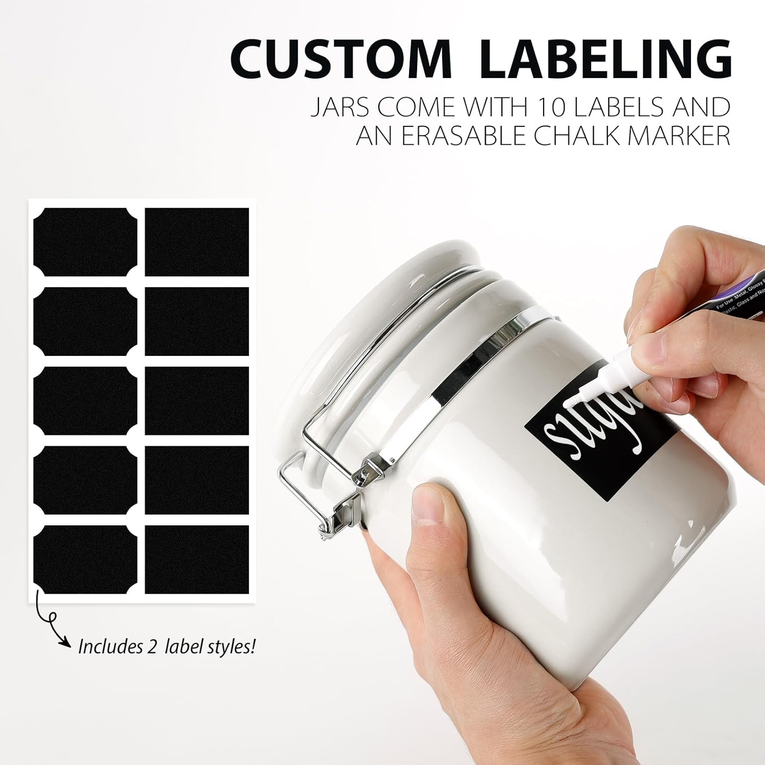 4-Piece Airtight Ceramic Canisters Set with Wooden Spoons & Chalk Labels – Perfect for Coffee, Sugar, Flour, Tea (White) – Stylish & Leakproof Kitchen Storage