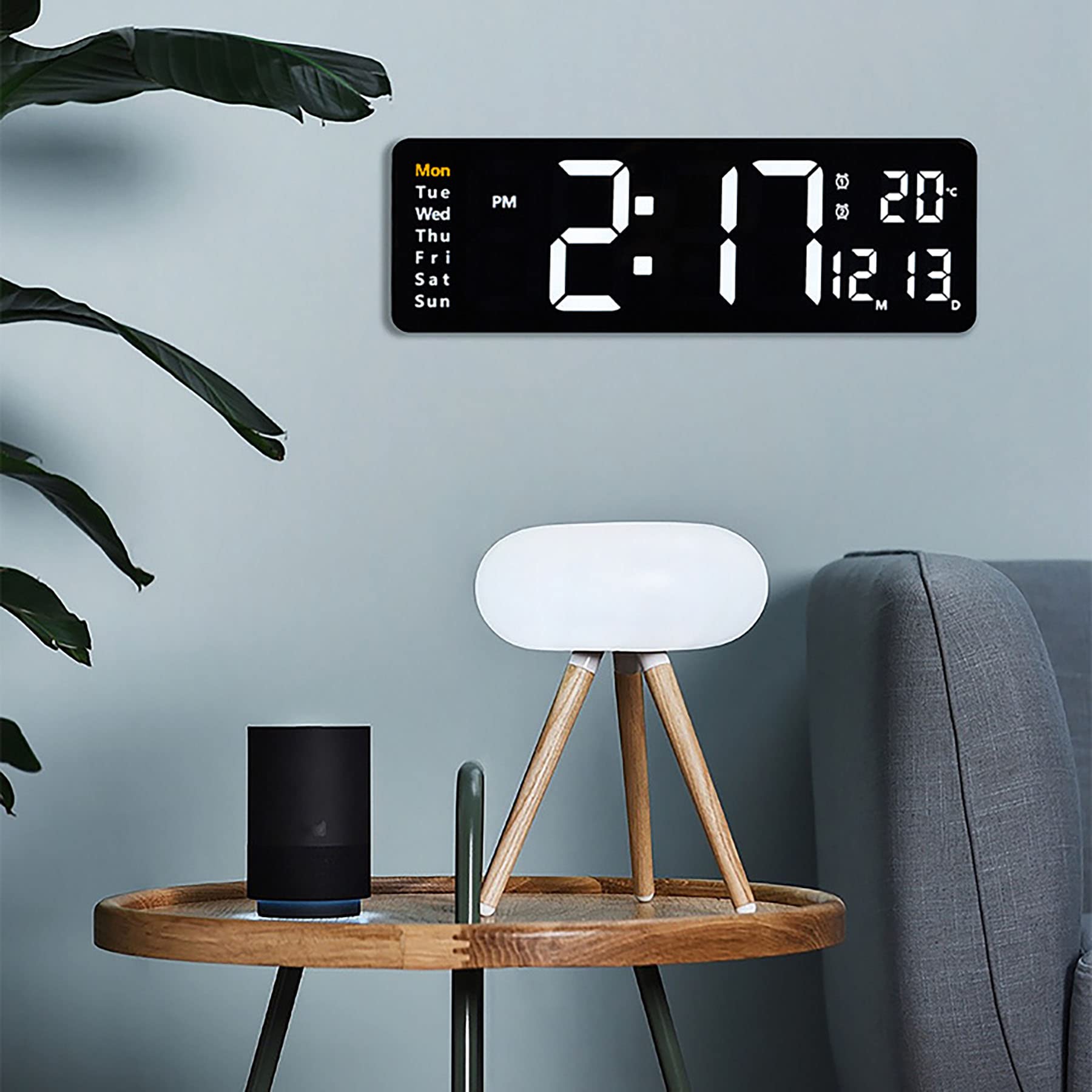 LED Reloj de Pared Digital, Reloj con Control Remoto, 10 Niveles de Ajuste de Brillo, Reloj Despertador con día/Fecha/Temperatura para el hogar Aula,White Shell,Blue Light