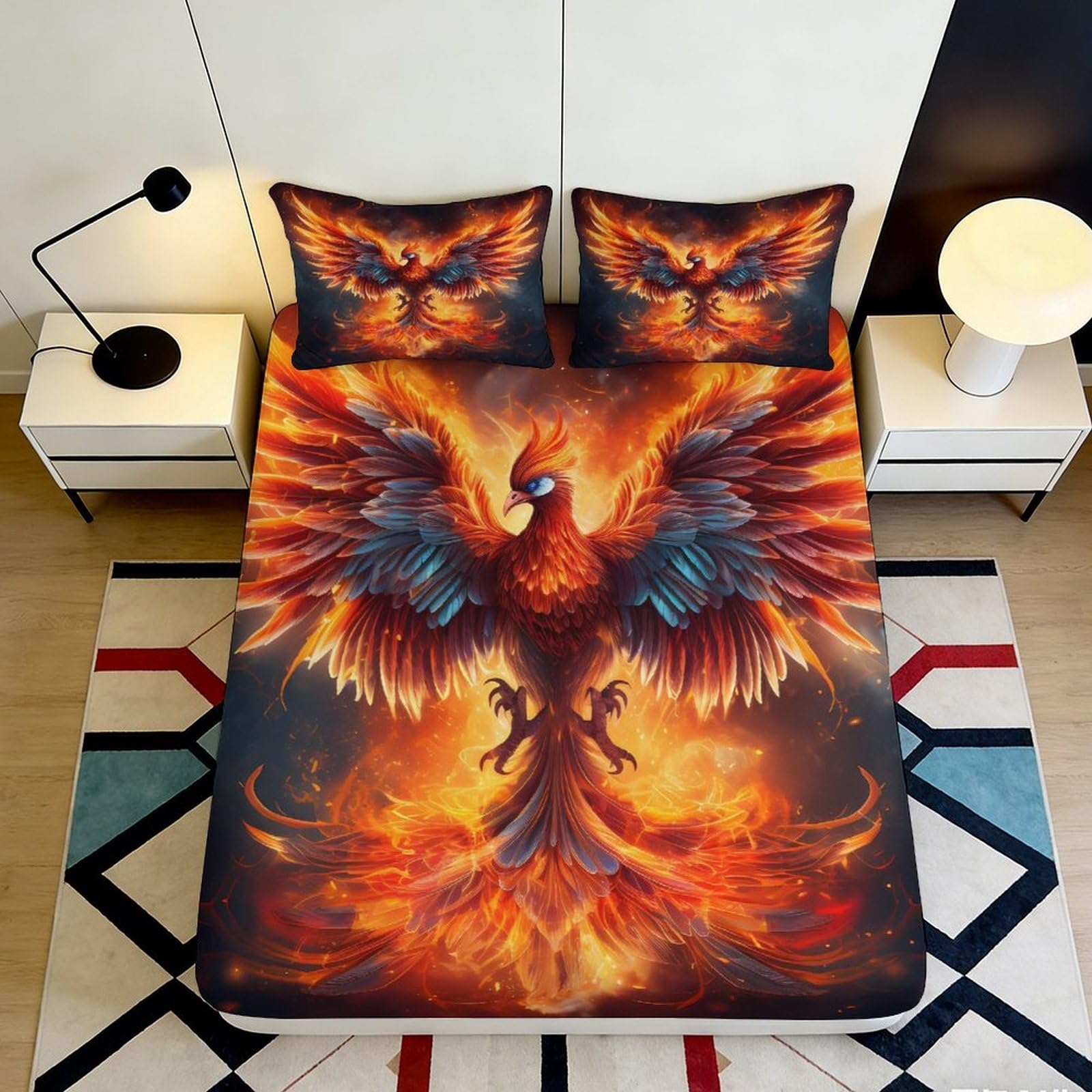 3D Printed Fire Phoenix Fitted Sheet Microfiber Soft Breathable Flame Bird Mattress Cover Bedroom Decor 90x200x25cm