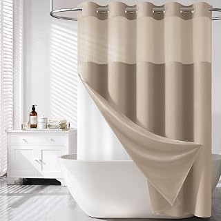 BTTN Tan Ringless Linen Textured Shower Curtain with Snap in Liner, 72x75