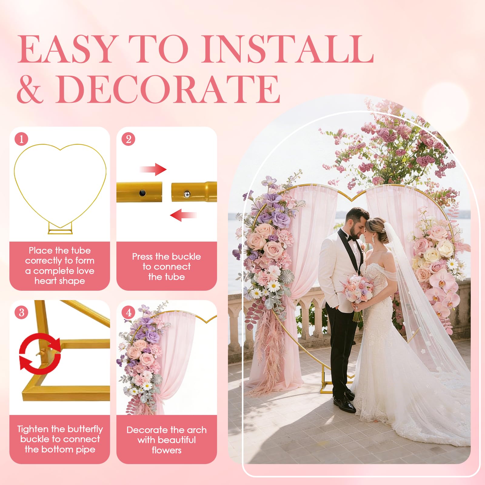 Kit de arco de globos de metal dorado de 2 m x 2 m con marco en forma de corazón, soporte de arco de boda para novia, compromiso, día de San Valentín y decoración de fiesta de cumpleaños, marco de