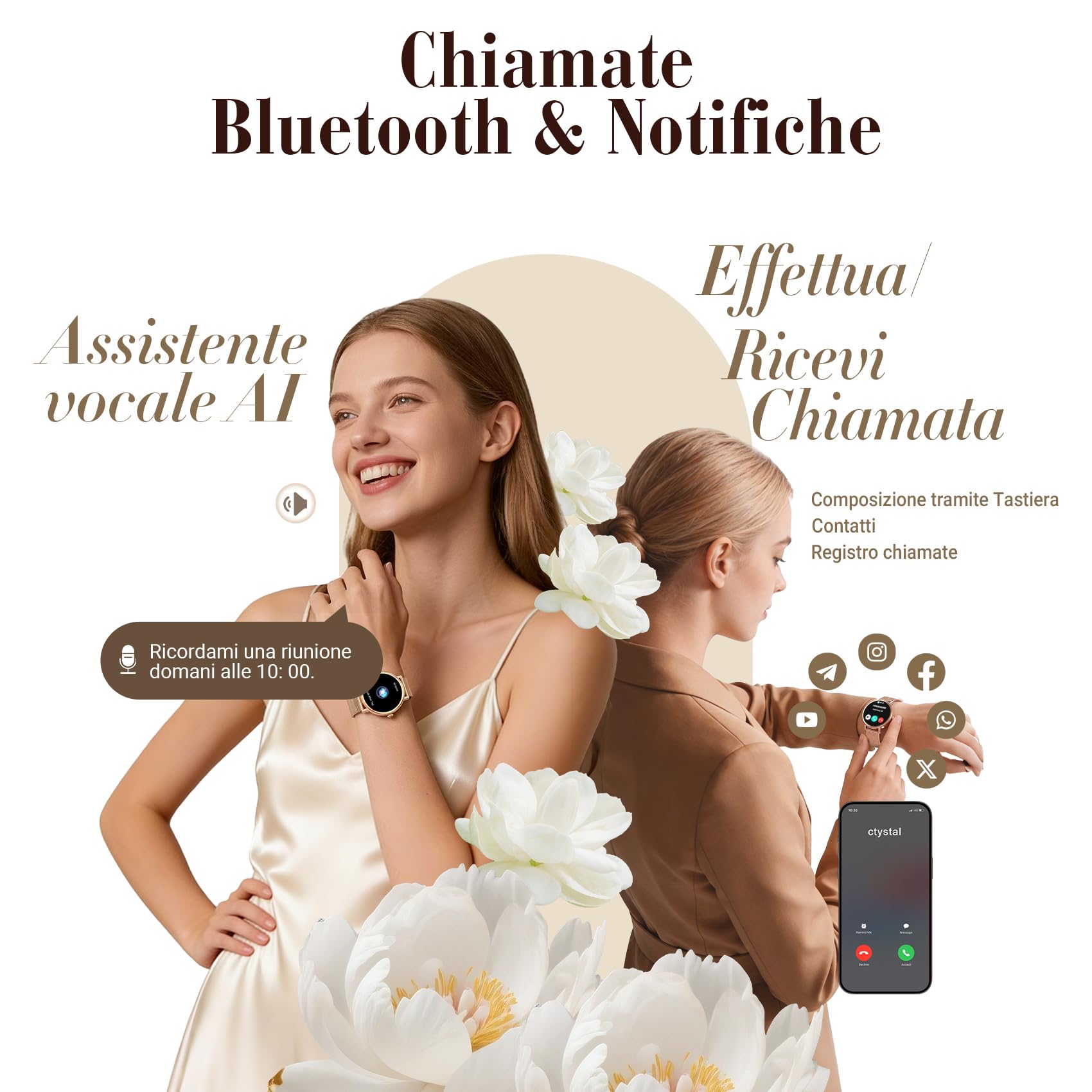 Smartwatch Donna, 1.26"Orologio Intelligente Donna con Chiamate Bluetooth, Smart Watch con 2 Cinturini, Notifiche, Podometro, Design Sottile, Compatibile con Android iOS, Smartwatch Impermeabile IP68