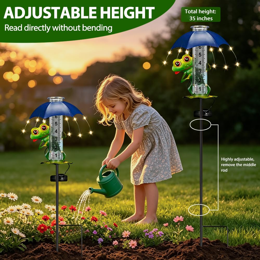 7-Zoll Regenmesser, Niederschlagsmesser mit Erdspieß und Solar-LED-Leuchten, Frosch Regenmesser Frostsicher, Gut präzise et Ablesbar, Gartenzubehör, dekorativ für Garte Rasen Terrasse und Hof