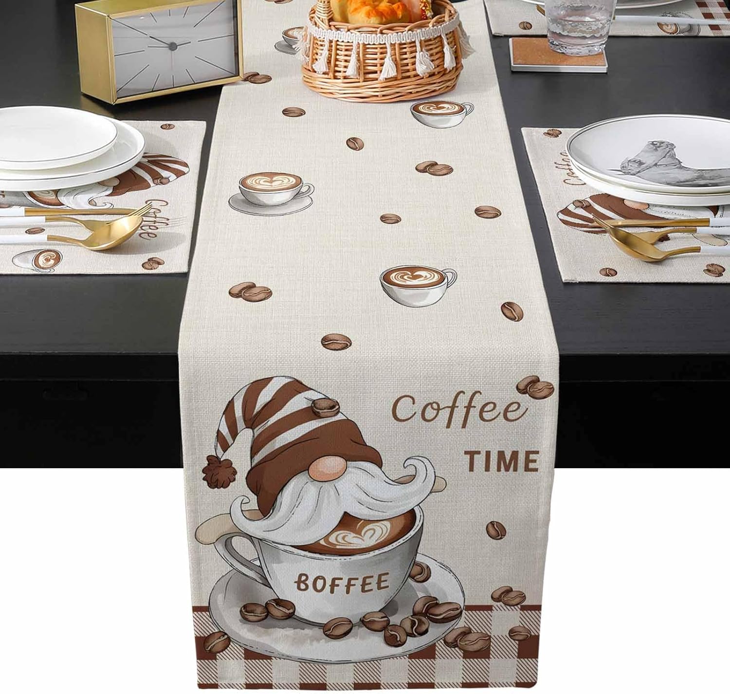 Gnomes Coffee Table Runner with Placemats Set of 6, Cotton Linen Kitchen Dining Mats Long Table Cover 13"x70" Retro Country Rustic Brown Buffalo Plaid Table Mats for Living Room/Dresser/Dining Table