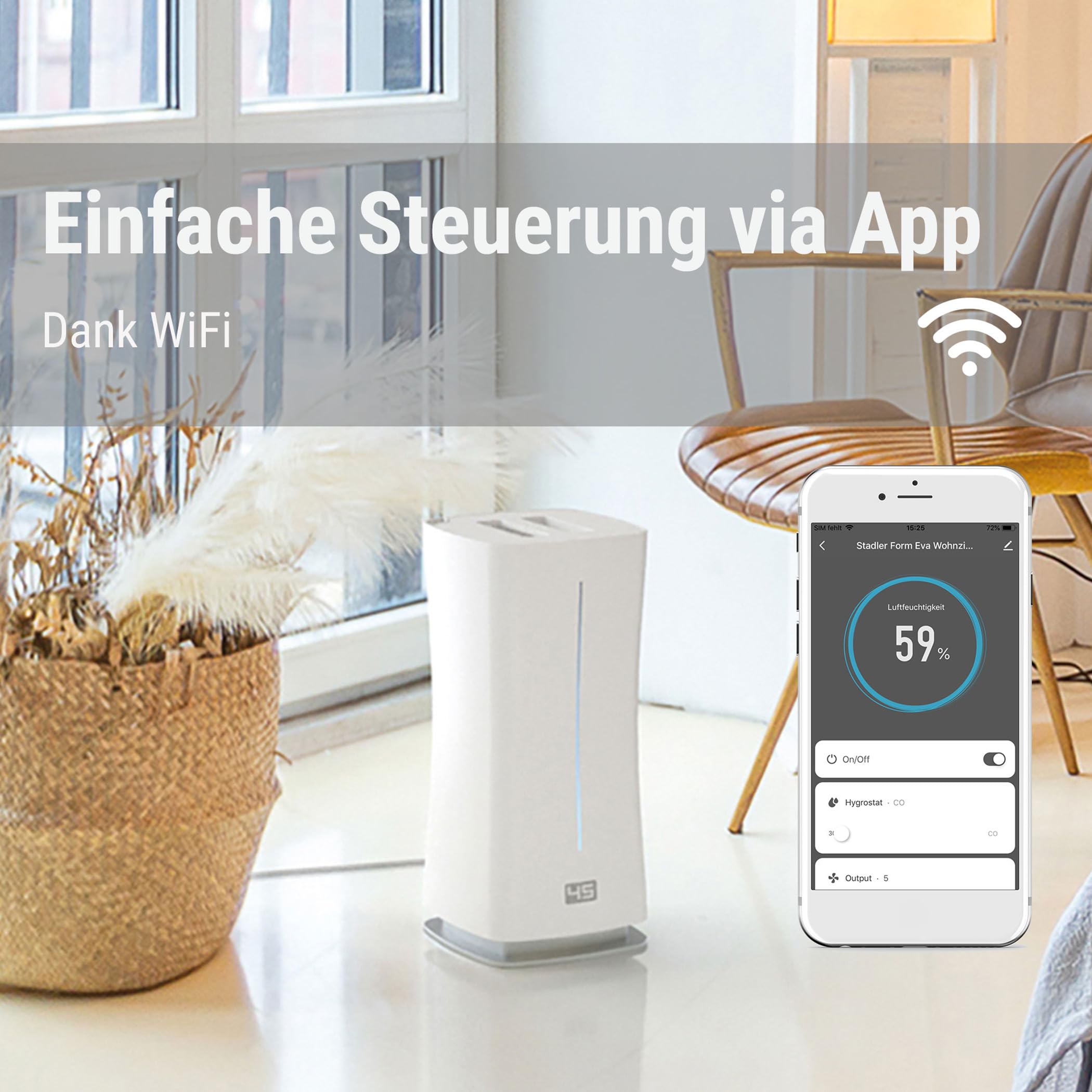 Stadler E-009 Form Luftbefeuchter Eva mit WiFi, Raumbefeuchter, externer Feuchtigkeitssensor, Auto Modus, für Räume bis 80 m², Utraschall-Vernebler, dimmbare LEDs, für Duftöl geeignet, schwarz