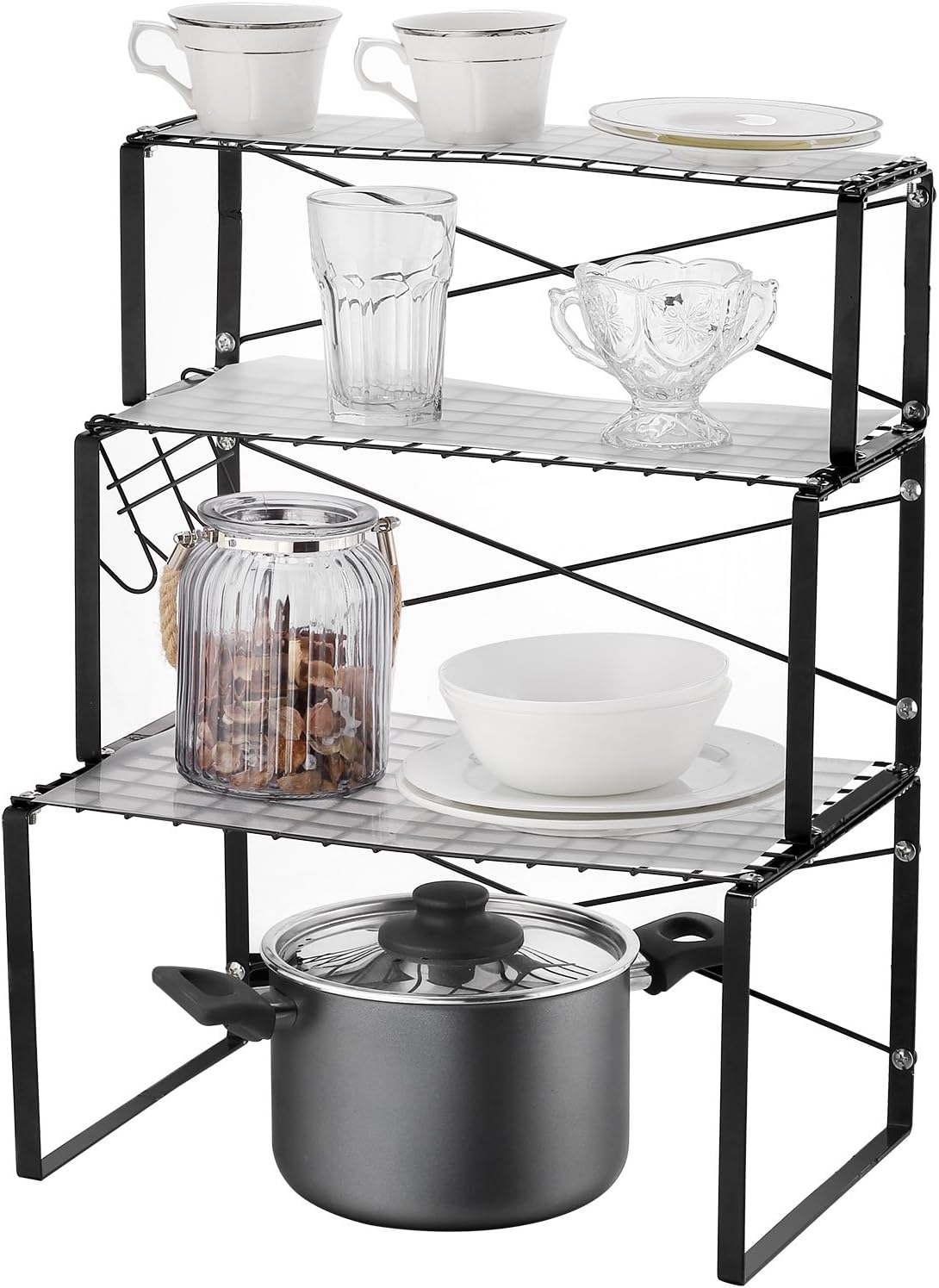 NEUN WELTEN Multi-use 3 Tier Kitchen Cabinet and Counter Shelves Storage Organizer Rack with 3 Hooks and Shelf Liner (Matt Black), L