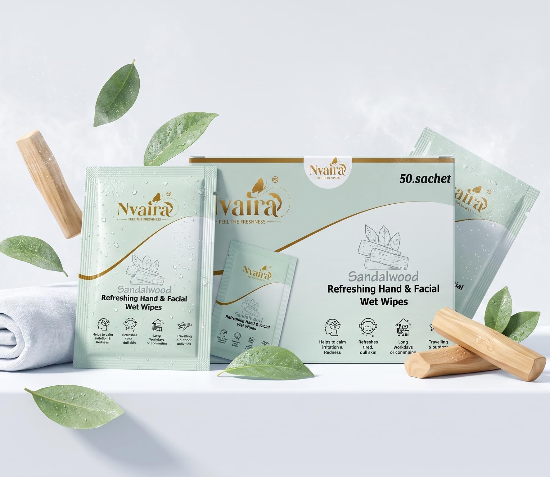 Sandalwood Hand and Facial Wet Wipes, Soft Cleansing Tissues for Skin Freshness, Travel-Friendly Sealed Sachets, 50 Count-image-31