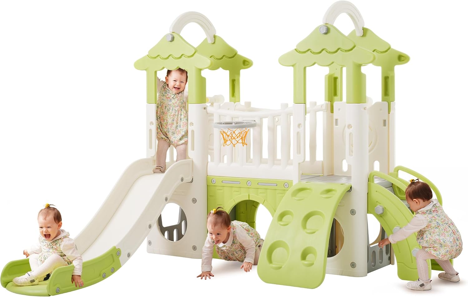 7-in-1 Kinder Spielplatz Mit Rutsche, Basketballkorb, Teleskop, Kletterleiter & Tunnel – Indoor & Outdoor Spielturm Für Aktive Kleinkinder – Doppelrutsche Gelb-grün, Fördert Motorik & Kreativität