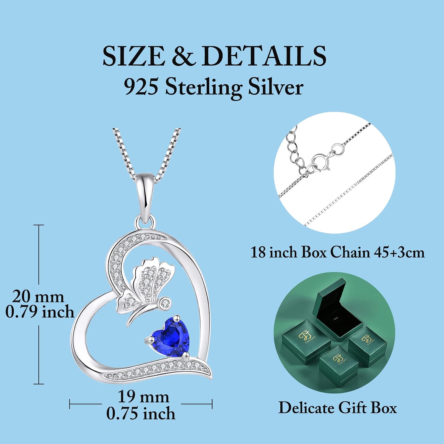 FJ Love Heart Butterfly Necklace 925 Sterling Silver Sapphire Necklace September Birthstone Pendant Jewellery for Women - Image 5
