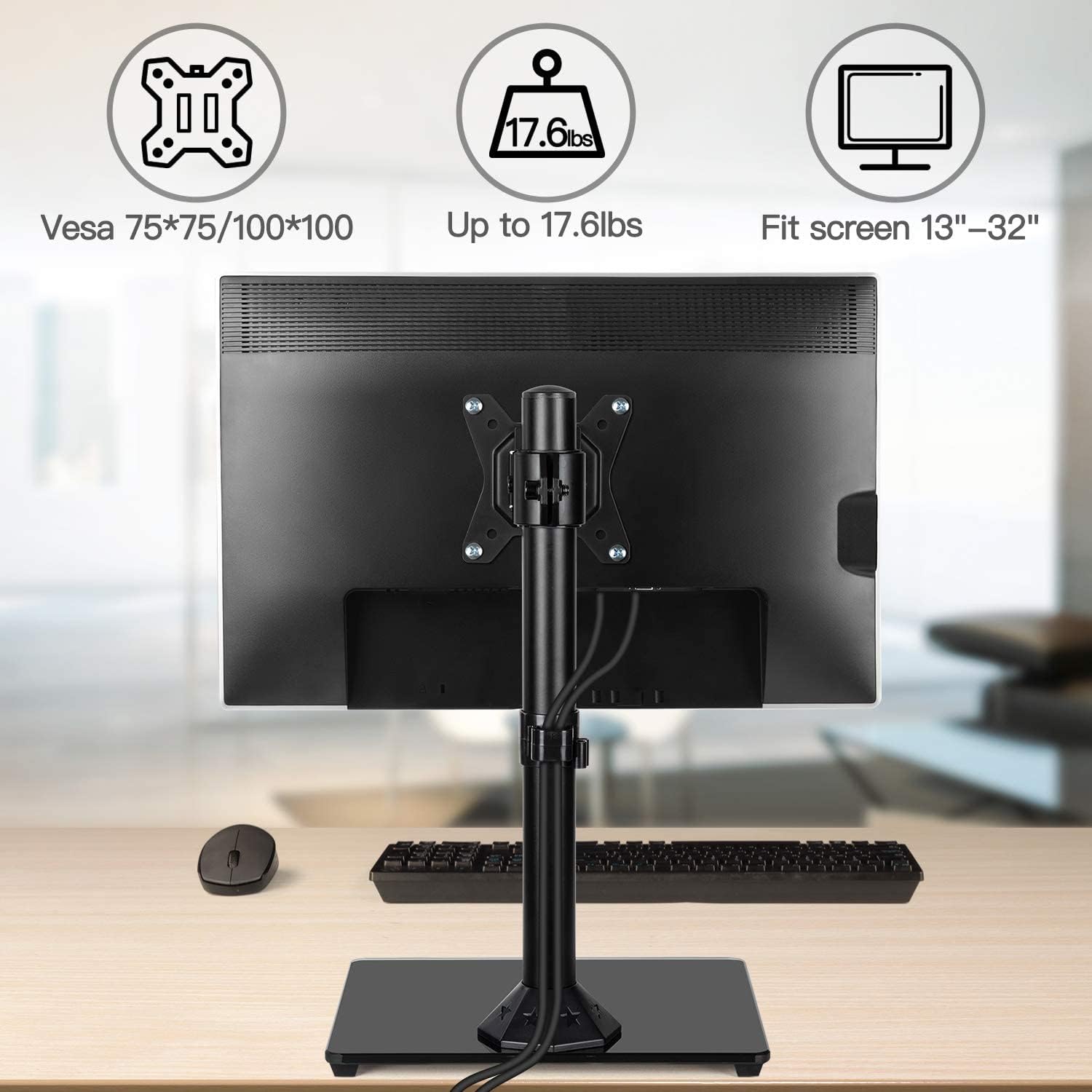 13-32 inch Single Monitor Stand Adjustable Height Swivel Universal Screen Freestanding