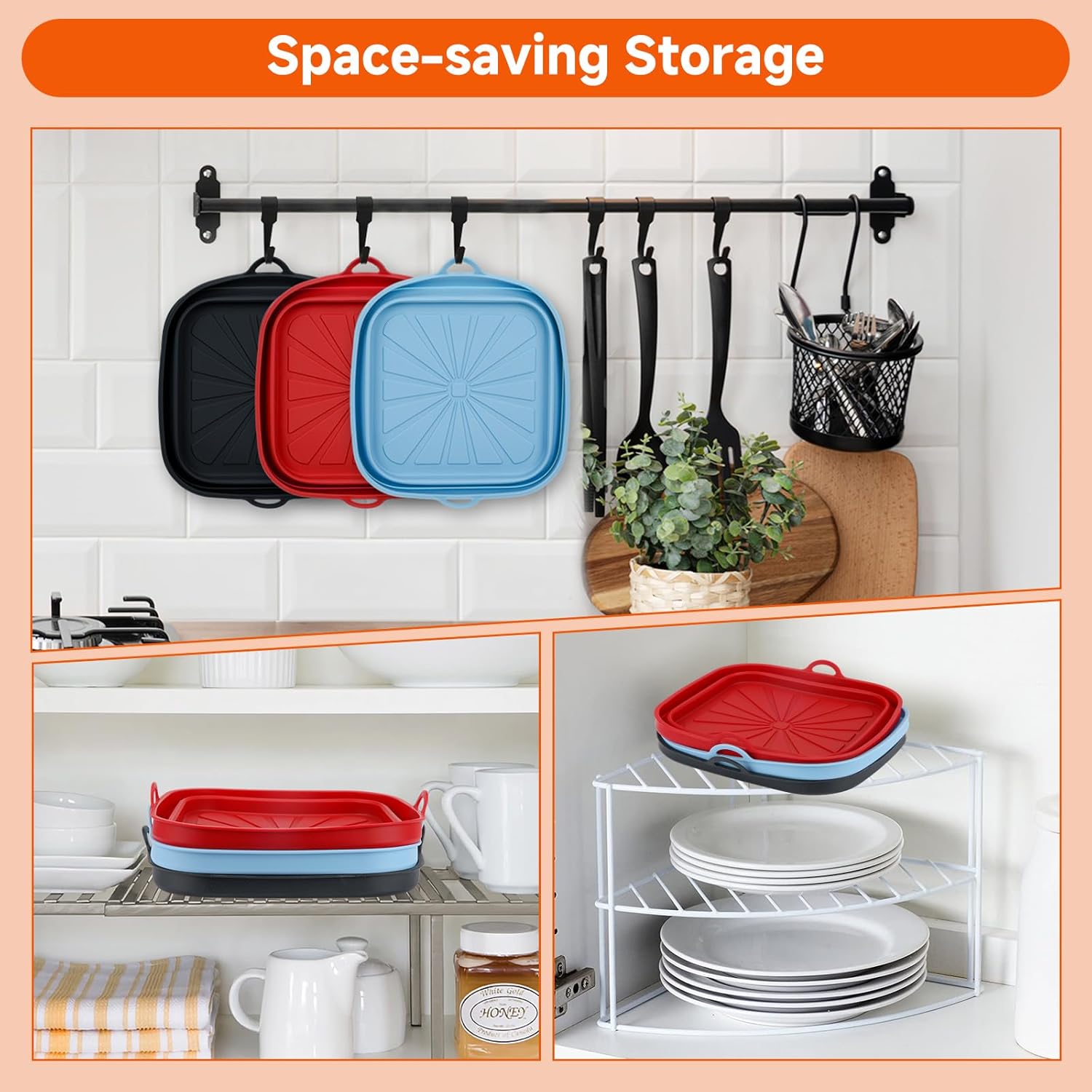 Air Fryer Liners 3PCS Reusable Silicone Tray Foldable Kitchen Basket Versatile Square Baking Pot Accessories for Airfryer, Microwave, Oven, Red+Black+Sky Blue