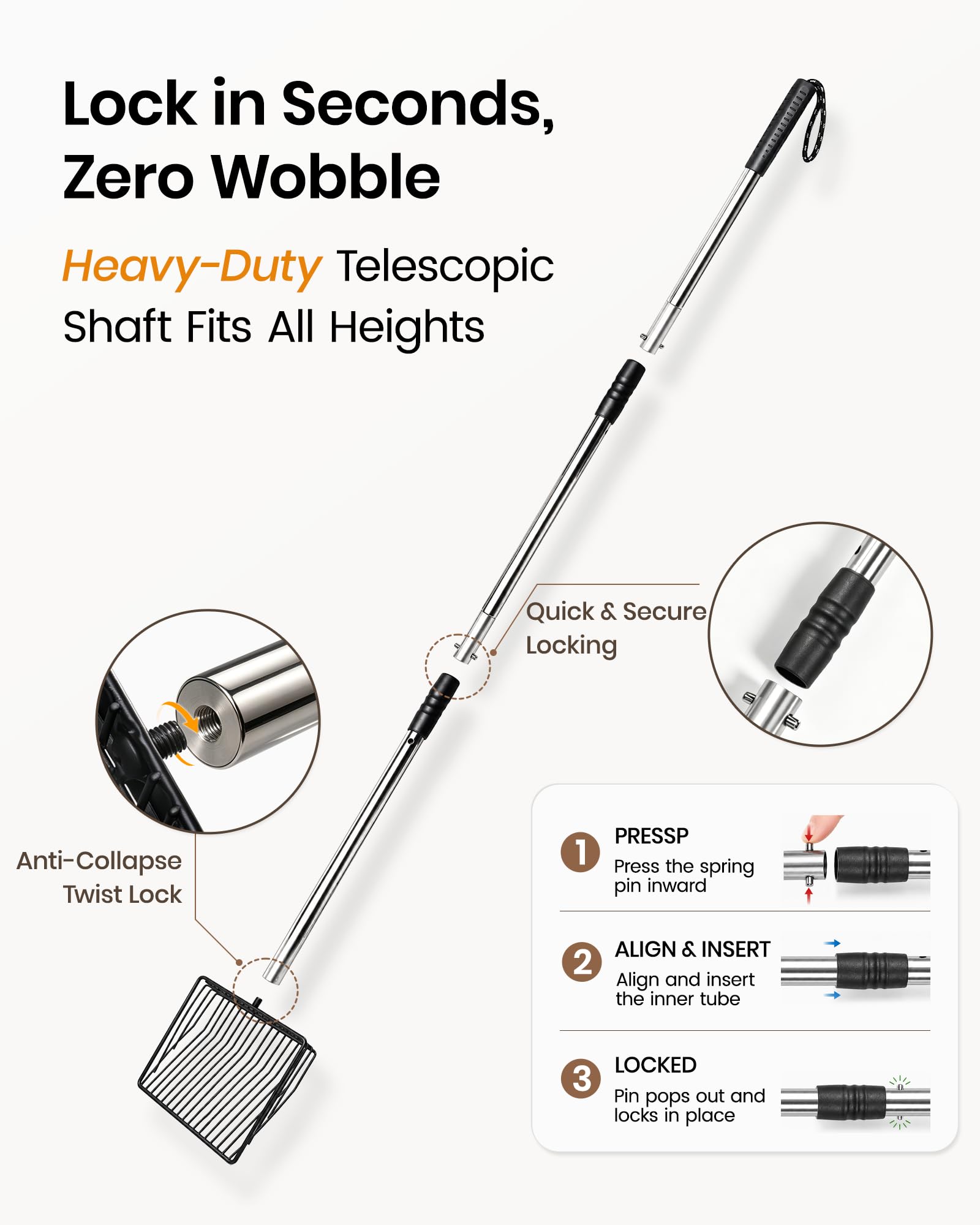 PETOCAT Cuchara de Arena para Gatos con Soporte, Pala de Arena de Metal de 43 Pulgadas con Mango Largo de Acero Inoxidable, Pala Grande para Gatitos, Pala Profunda Resistente para tamizar rápidamente