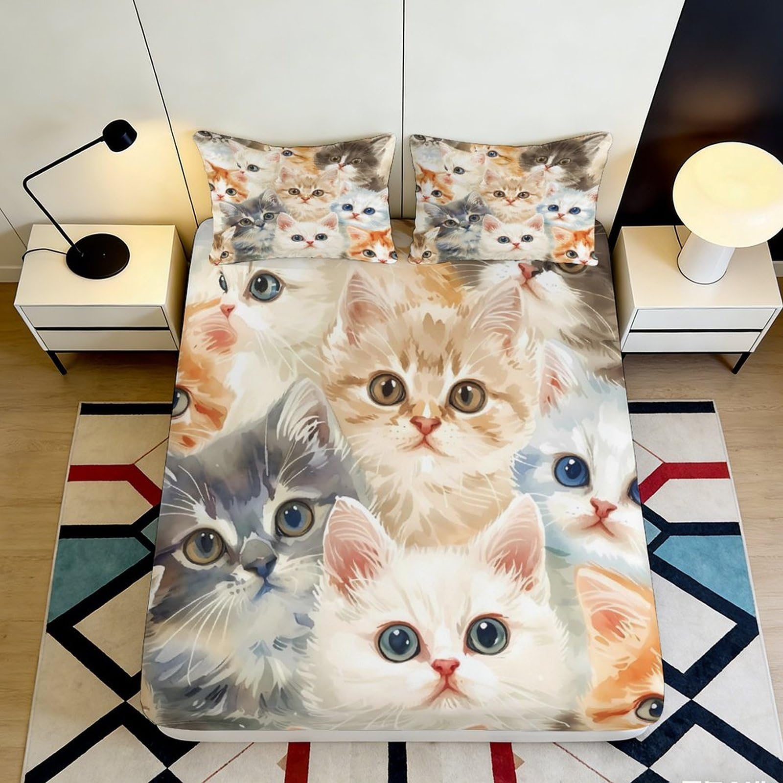 3D Printed Cute Cat Faces Fitted Sheet Microfiber Soft Breathable Kitten Pattern Mattress Cover for Bedroom Dorm Mattress Protection Decor 180x200x25cm