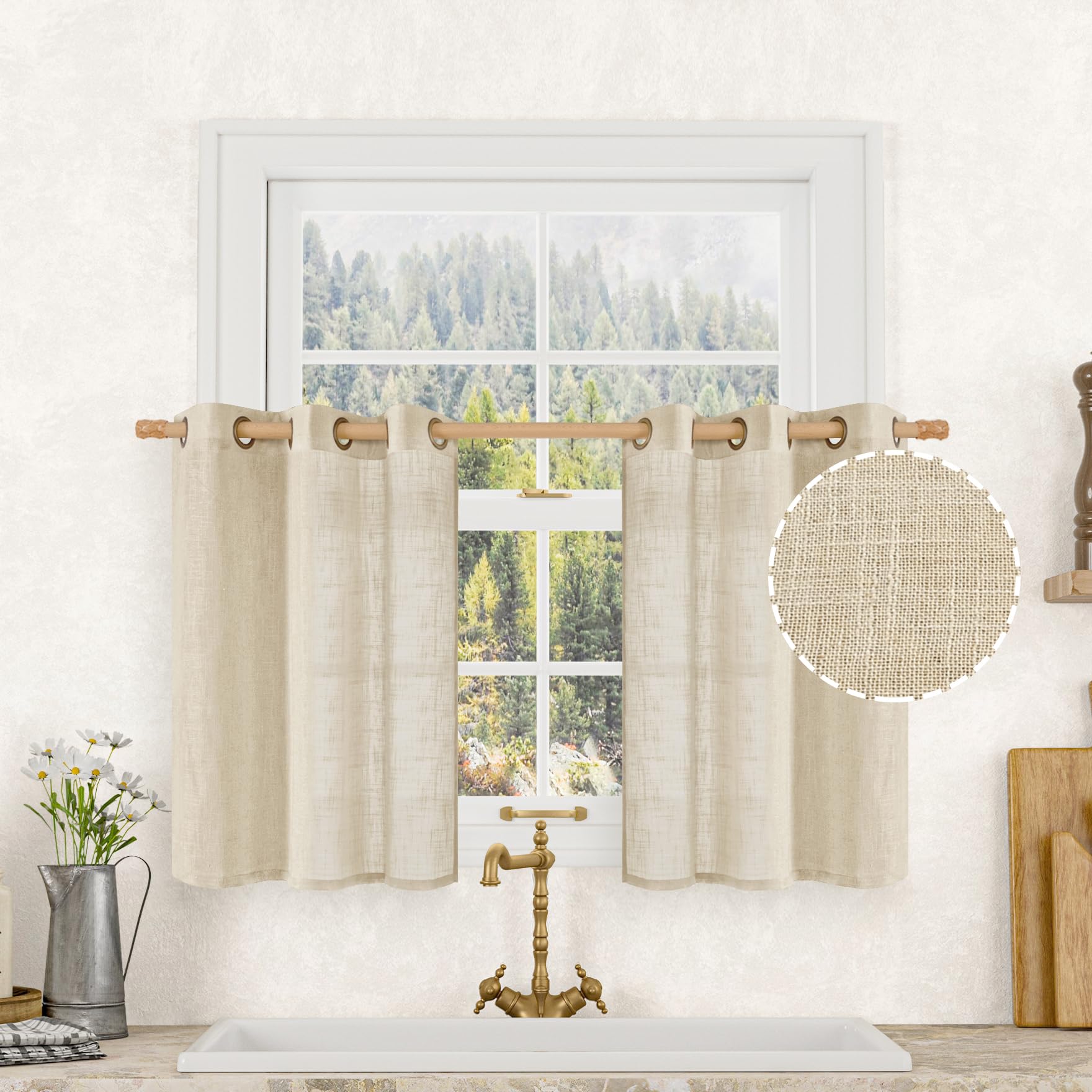 LAMIT Short Window Linen Curtains 30 Inch Length for Cafe, Semi Sheer Light Filtering Panels Bronze Grommet Cafe Drapes for Half Window, 2 Panels, Linen, 34 x 30 Inch — image 1
