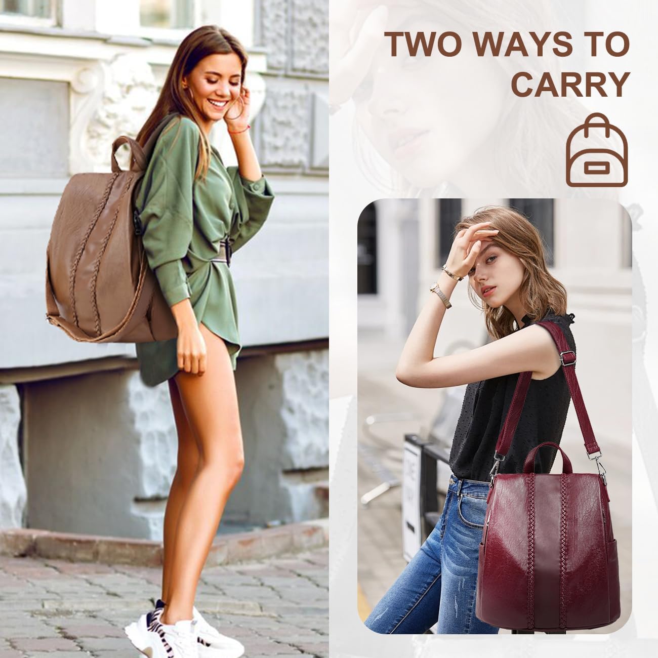 Backpack Purse for Women,VASCHY Fashion Faux Leather Anti-theft Backpack Purse Small for Ladies Bookbag Purse with Vintage Weave Brown - Image 7