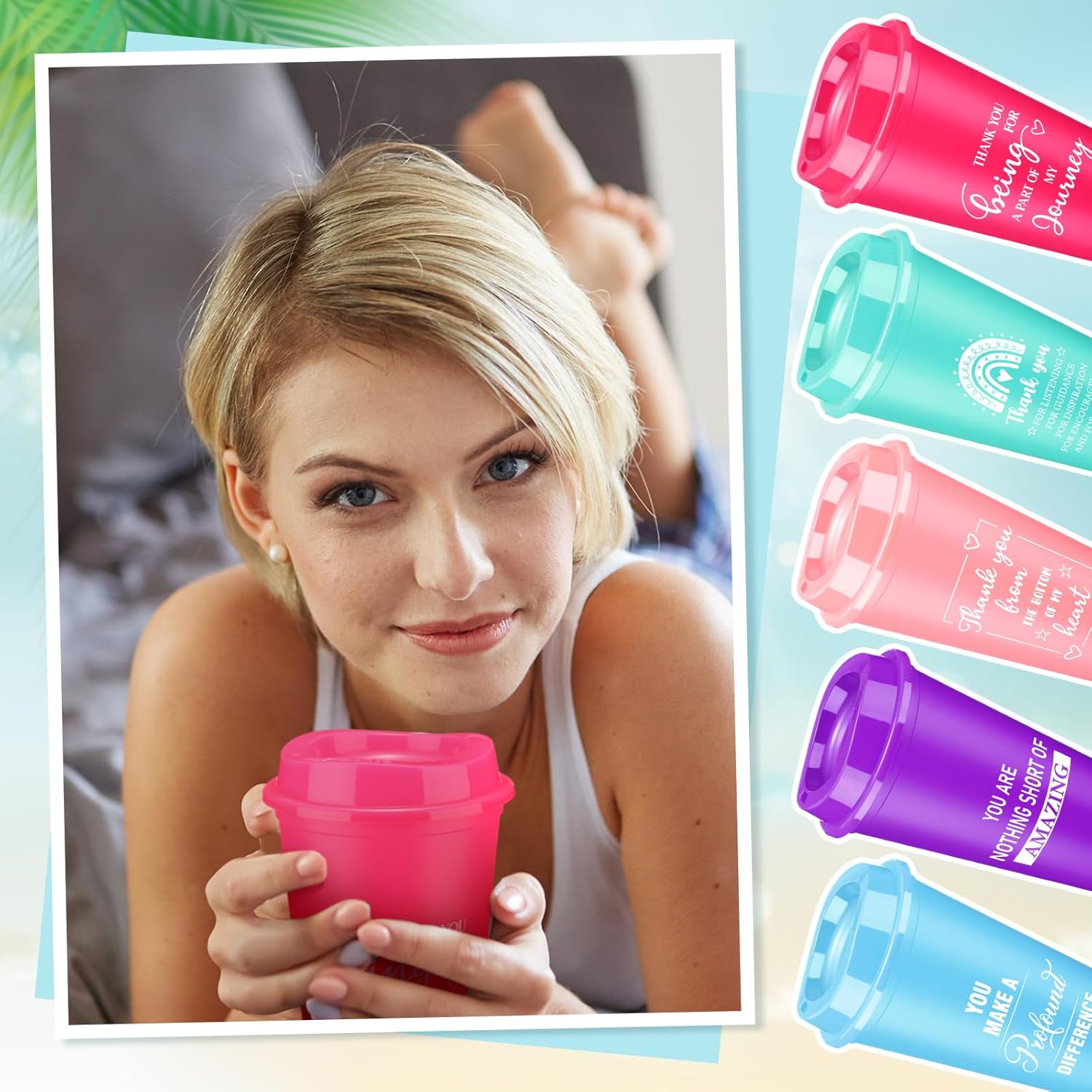 Skylety 48 Pcs Thank You Gifts 16 oz Coffee Cups Bulk Employee Appreciation Gift Inspirational Tumbler with Lid Reusable Plastic Coffee Cup for Coworker Staff Women Teacher (Classic Colors) - Image 4