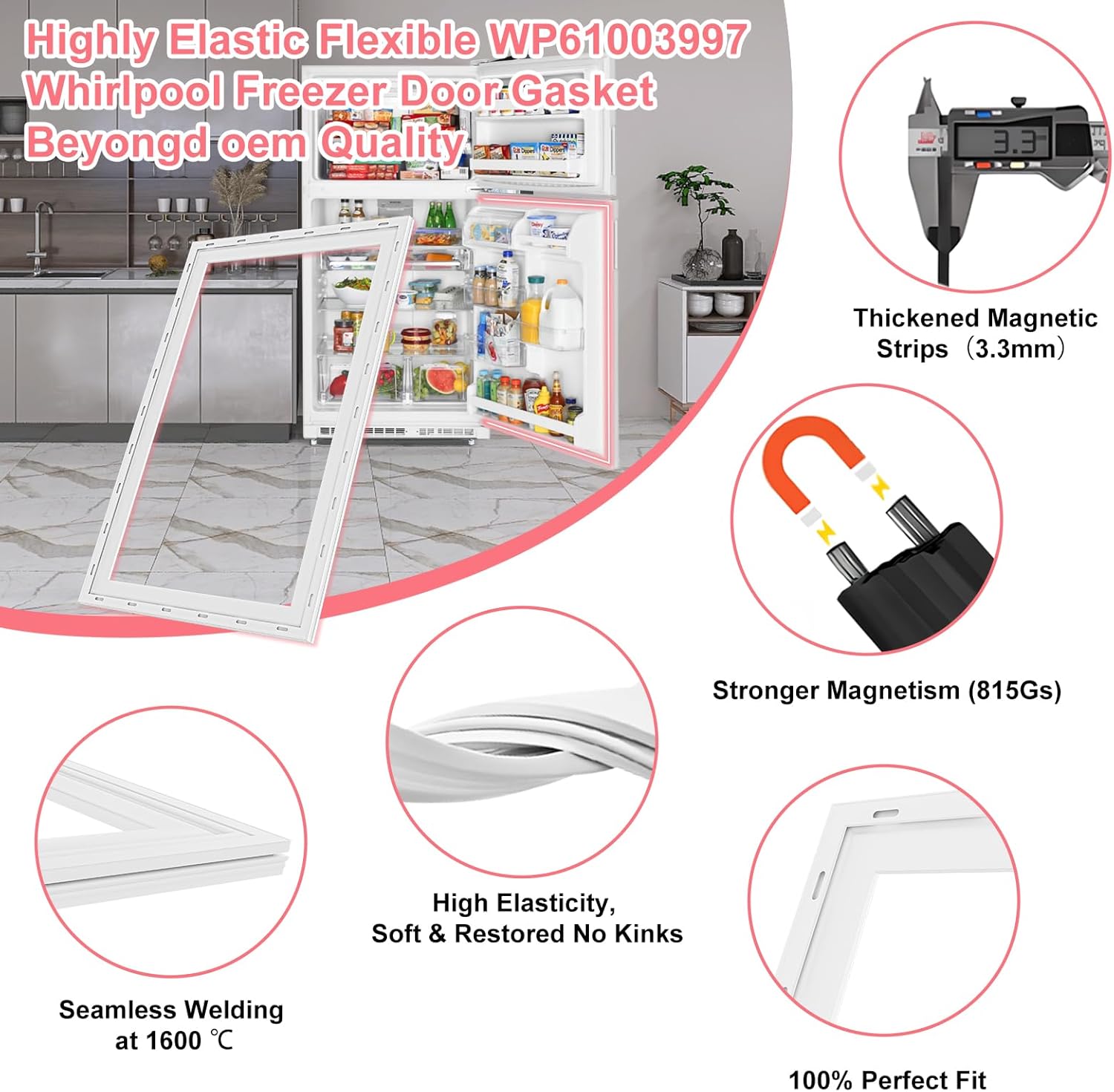 LXun Upgrad WP61003997 Refrigerator Freezer Door Seal Part WP61003997 Compatible with Whirlpool Refrigerator Gasket Replacement Part for Maytag JennAir Crosley GE Freezer Seal Part 61002053 61003997