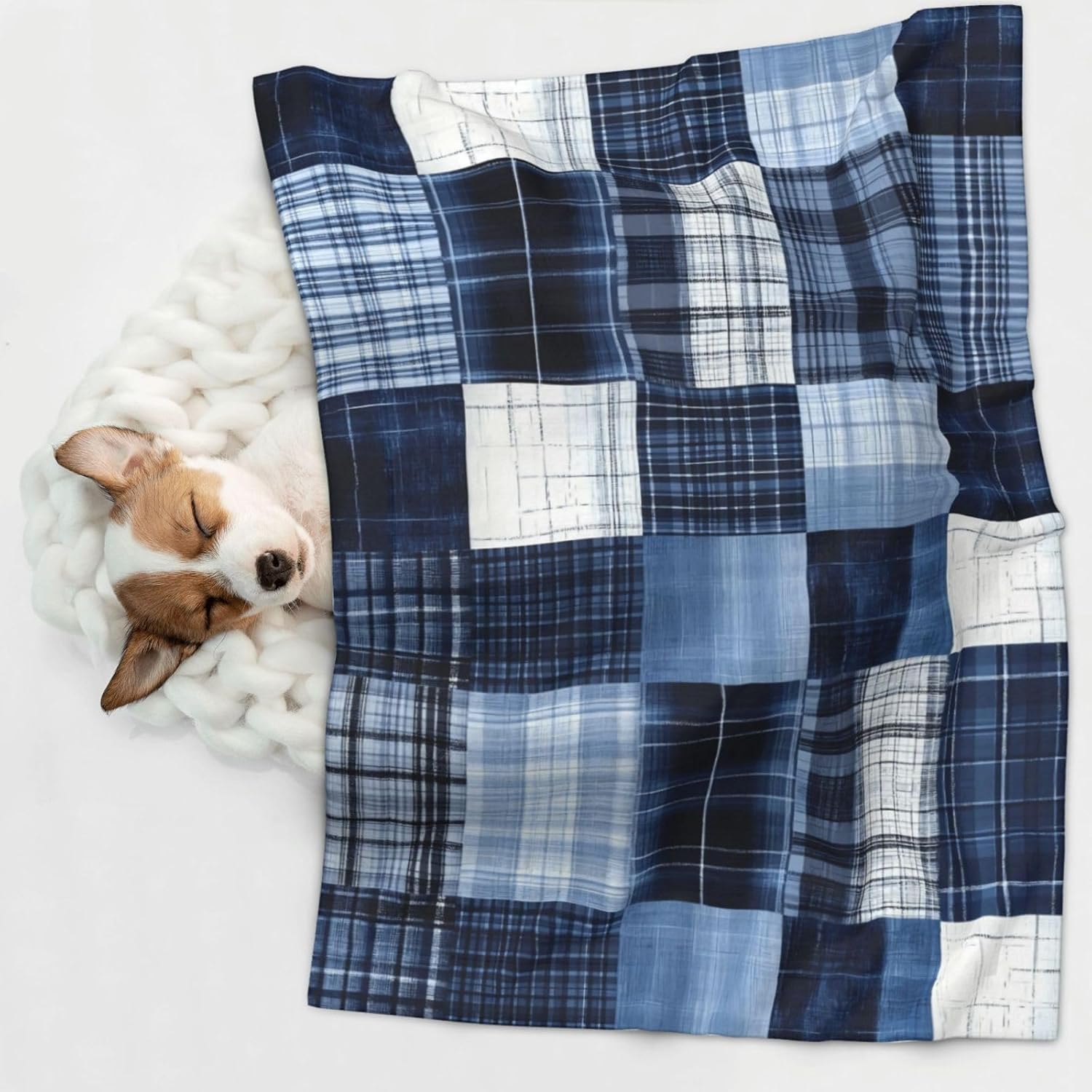 Indigo Patchwork Quilt Print Soft Plush Pet Blanket, Washable Dog Blanket, Cat Fleece Throw, Puppy Bed Crate Mat & Sofa Couch Protector - Large