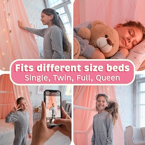 Miniatura 3 de Bollepo Toldo de cama con luces, cama con dosel rosa para habitación de niñas, cama de princesa  Individual, individual, matrimonial, Queen  Toldo