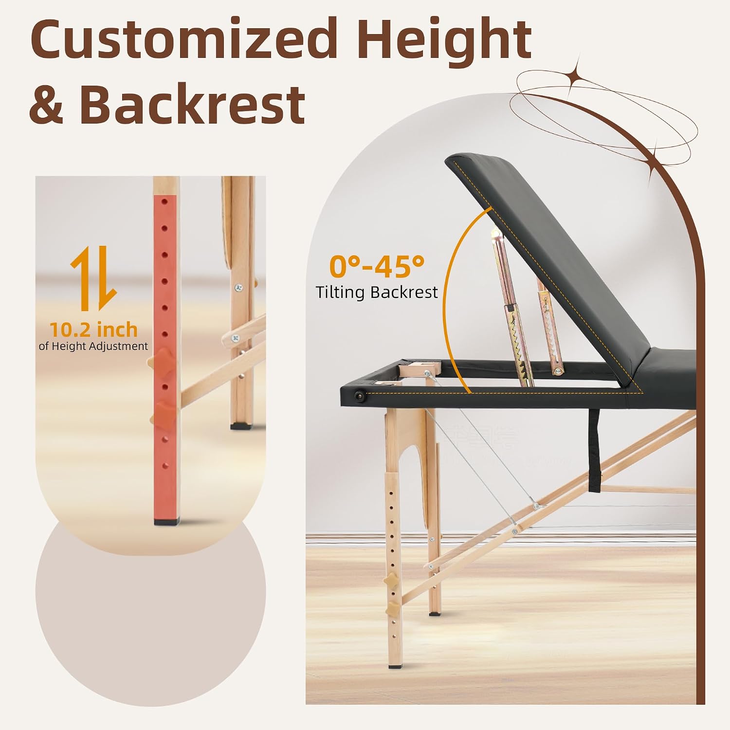 ABET Massage Table, 3 Fold Portable Lash Bed for Eyelash Extensions, Height Adjustable Lightweight Professional Facial Spa Beauty Salon Tattoo Table with Oil Pocket Towel Rod, Wood Feet & Black