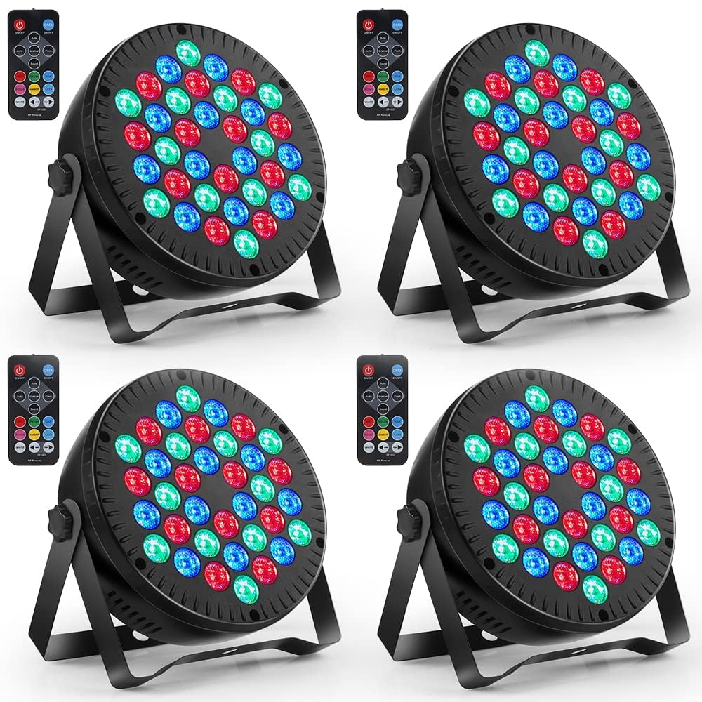 Focos LED 36W Foco RGB Luz Colorida con Control DMX y Mando, Luces de Fiesta, Discoteca, Conciertos y Celebraciones - 4 Piezas