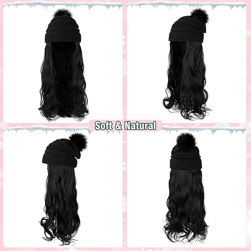Miniatura 3 de Gorro con peluca, gorro con cabello largo y ondulado, gorro de punto con pompones, 20 pulgadas, sintético, extraíble, para mujer, color negro natural