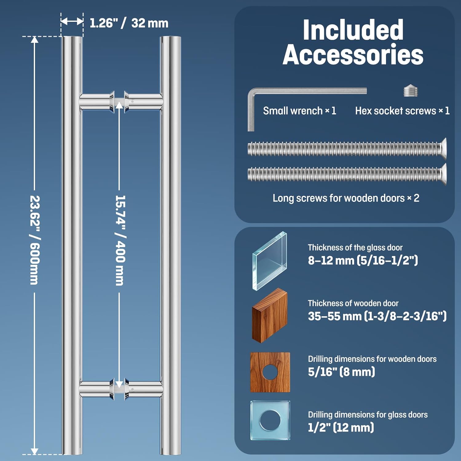 Ranbo Ladder Style 24" Push Pull Door Handle,Back to Back, 400mm (15-3/4 inch) CTC, 304 Stainless Steel,for Barn Front Wood Shower Commercial Entrance Door,Polished Chrome