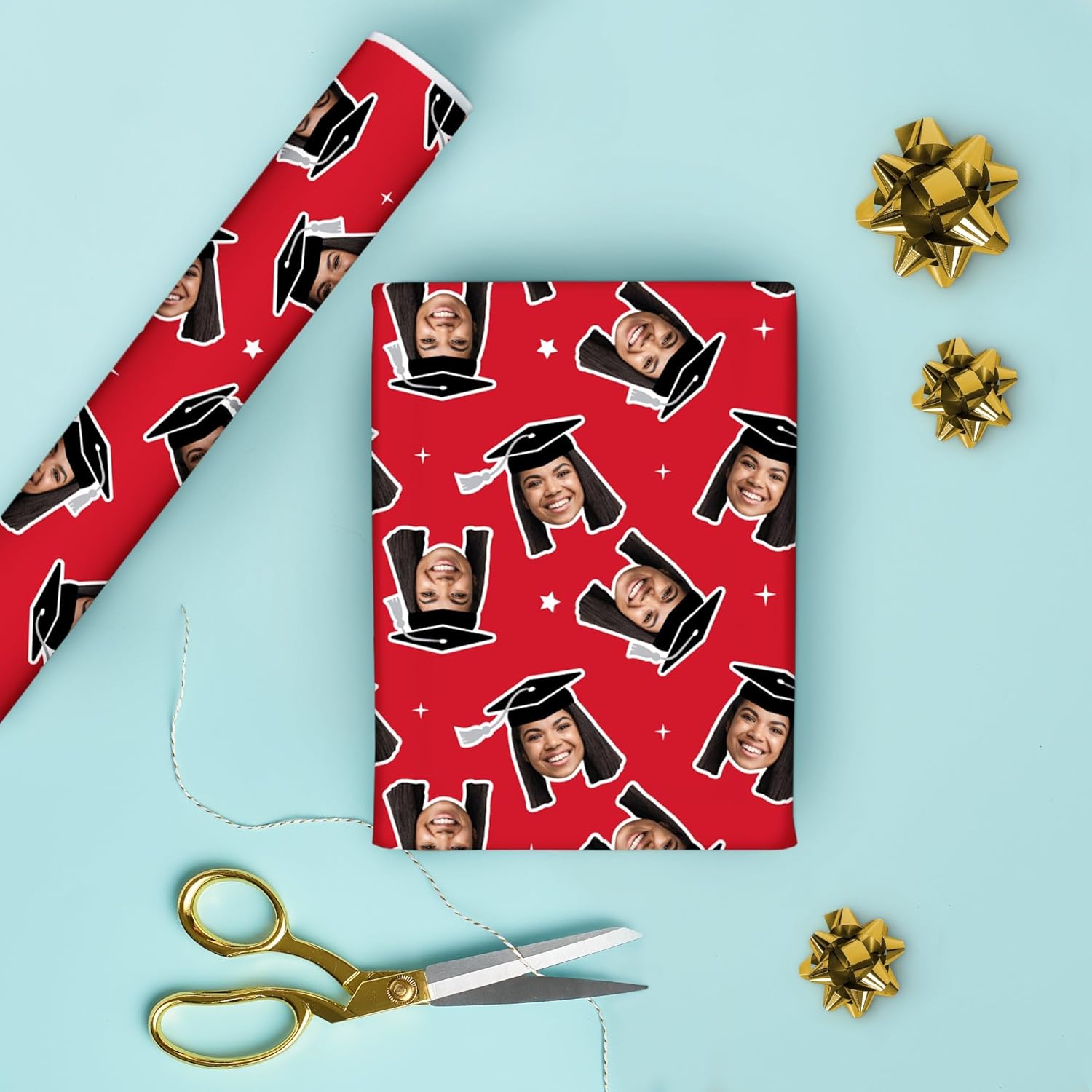 Big Dot of Happiness Personalized Photo Red Graduation Wrapping Paper, Graduate Cap with Tassel Head Picture Cutout, Custom Gift Wrap Supplies for Grad Party, 24 in x 7 feet (1 Fun Face, 1 Roll)