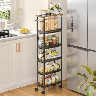 6 Tier Slim Storage Cart with Handle, Rolling Kitchen Laundry Room Storage Cart with Wooden Top, Narrow Metal Bathroom Trolley on Wheels for Small Space, Mobile Shelving Unit, 7.9in(W)