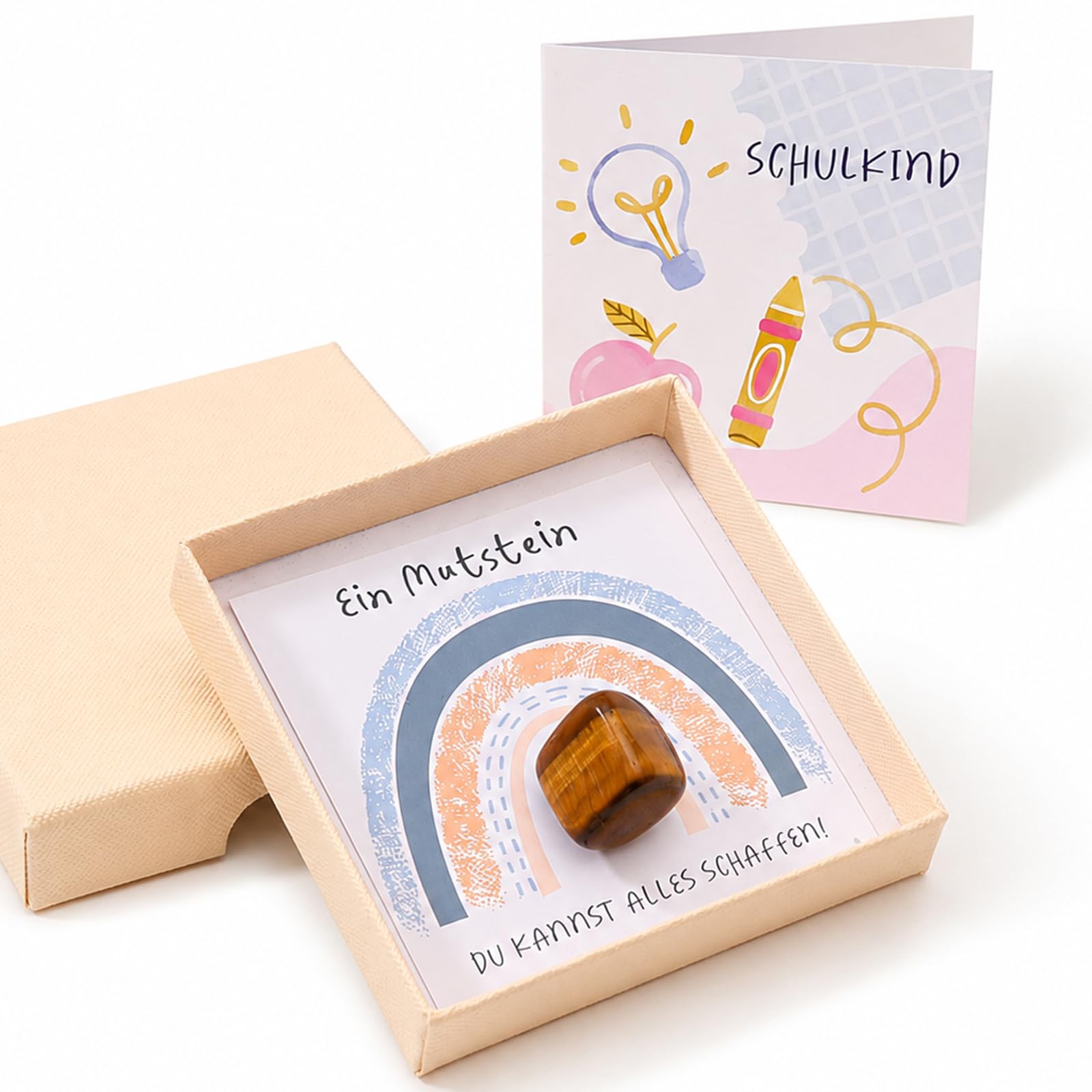 Johamoo Schulkind 2026 Junge - Einschulung Geschenk für Jungen, Schultüte Füllung, Glücksbringer Mutstein für Kinder, Tigerauge-Stein, Handschmeichler mit Einschulungskarte & Geschenkbox