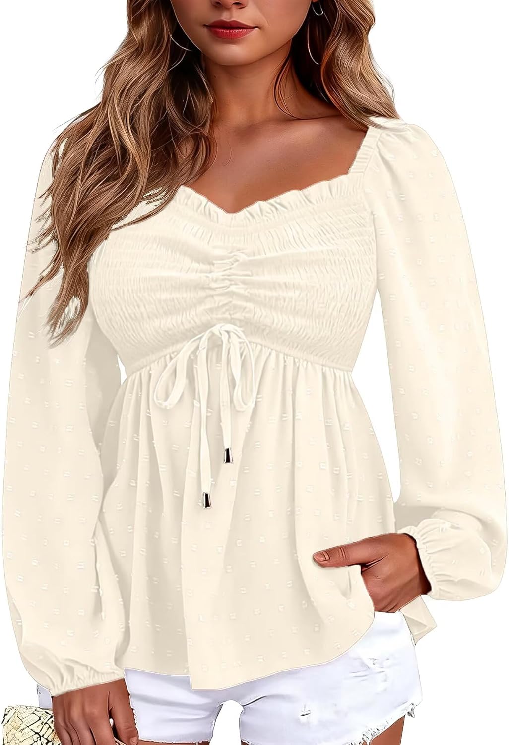 Flamingals Women's Long Sleeve Babydoll Tops Peplum Smocked Blouse Sweetheart Neck Empire Waist Shirts Pink 2XL