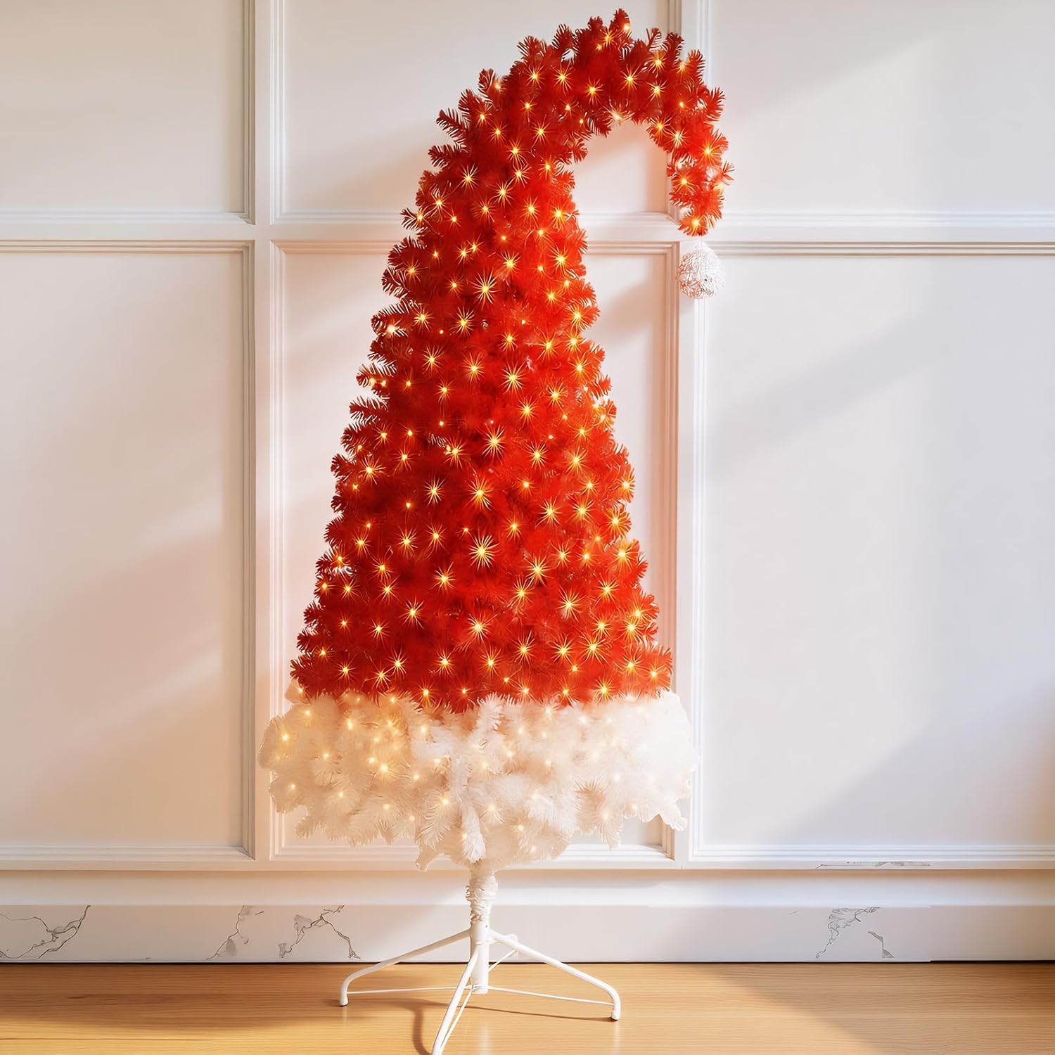 6ft Christmas Tree with Bendable Santa Hat, Prelit Red and White Christmas Tree Artificial Xmas with 100 Lights for Home, Office, Party Decorations