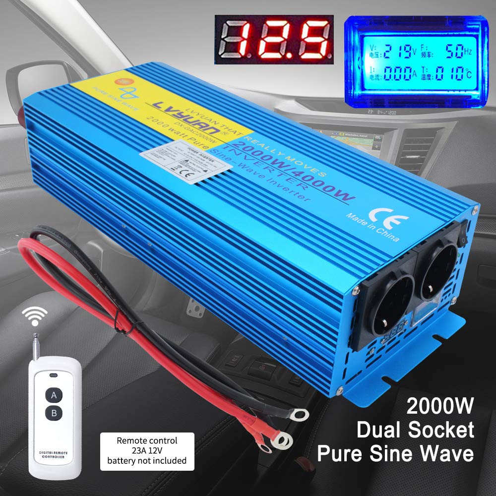 Cantonape Inverter di corrente onda sinusoidale pura 2000 w 4000 w trasformatore da 12 V a 220 V 230 V con telecomando e 2 prese e LED LCD per campeggio, tende, gite in barca