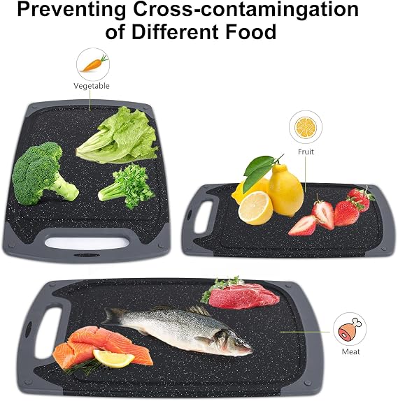 Chopping Board Set, Kitchen Cutting Boards with Non-Slip Feet and Deep Drip Juice Groove, 3PCS BPA Free Plastic Chopping Boards Dishwasher Safe Cutting Board, Black