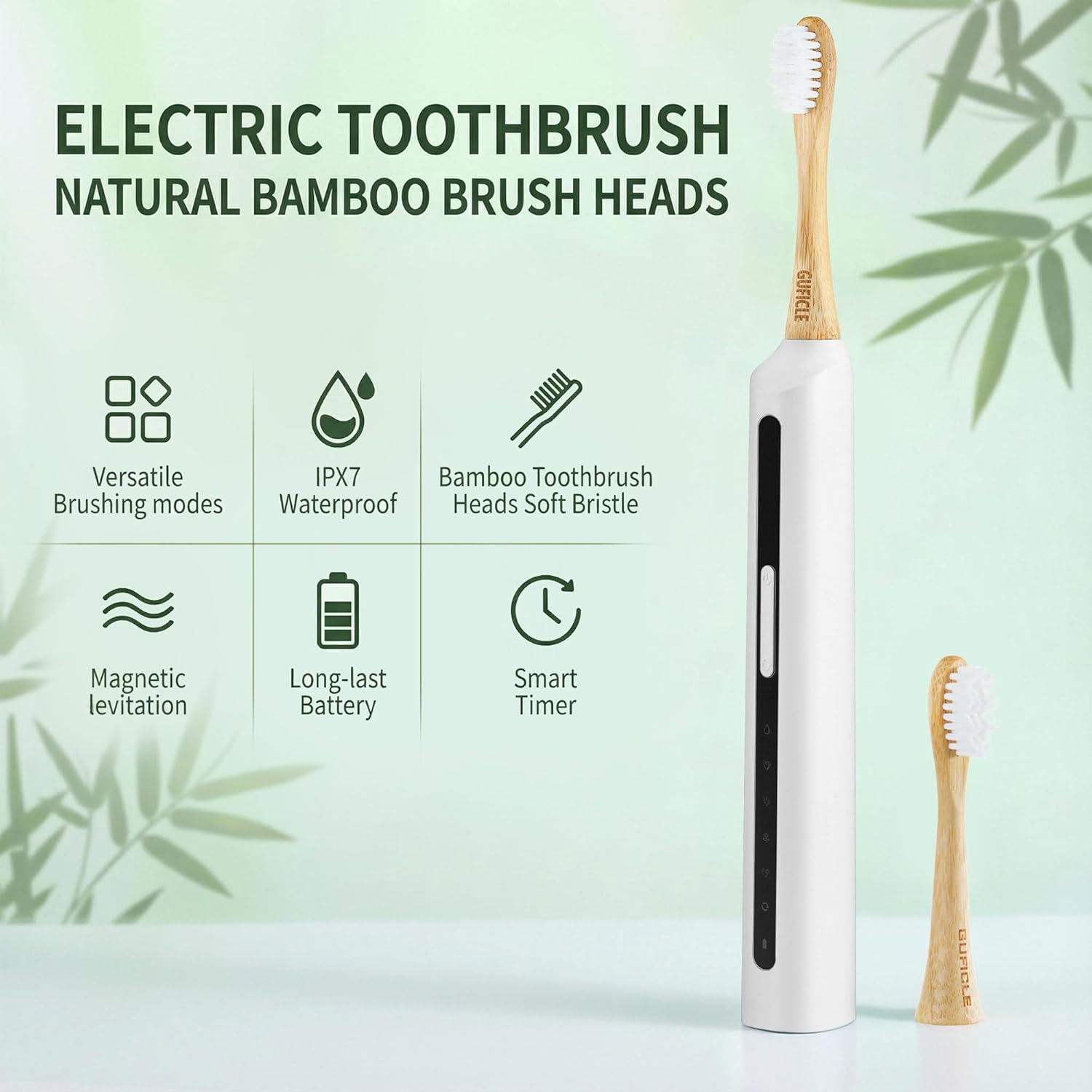 Bamboo Electric Toothbrush丨Rechargeable Electric Toothbrush with 4 Bamboo Heads, Soft Castor Oil Bristles,5 Moedes&3 Intensities, 45 Days Battery Life, IPX7 Waterproof-White