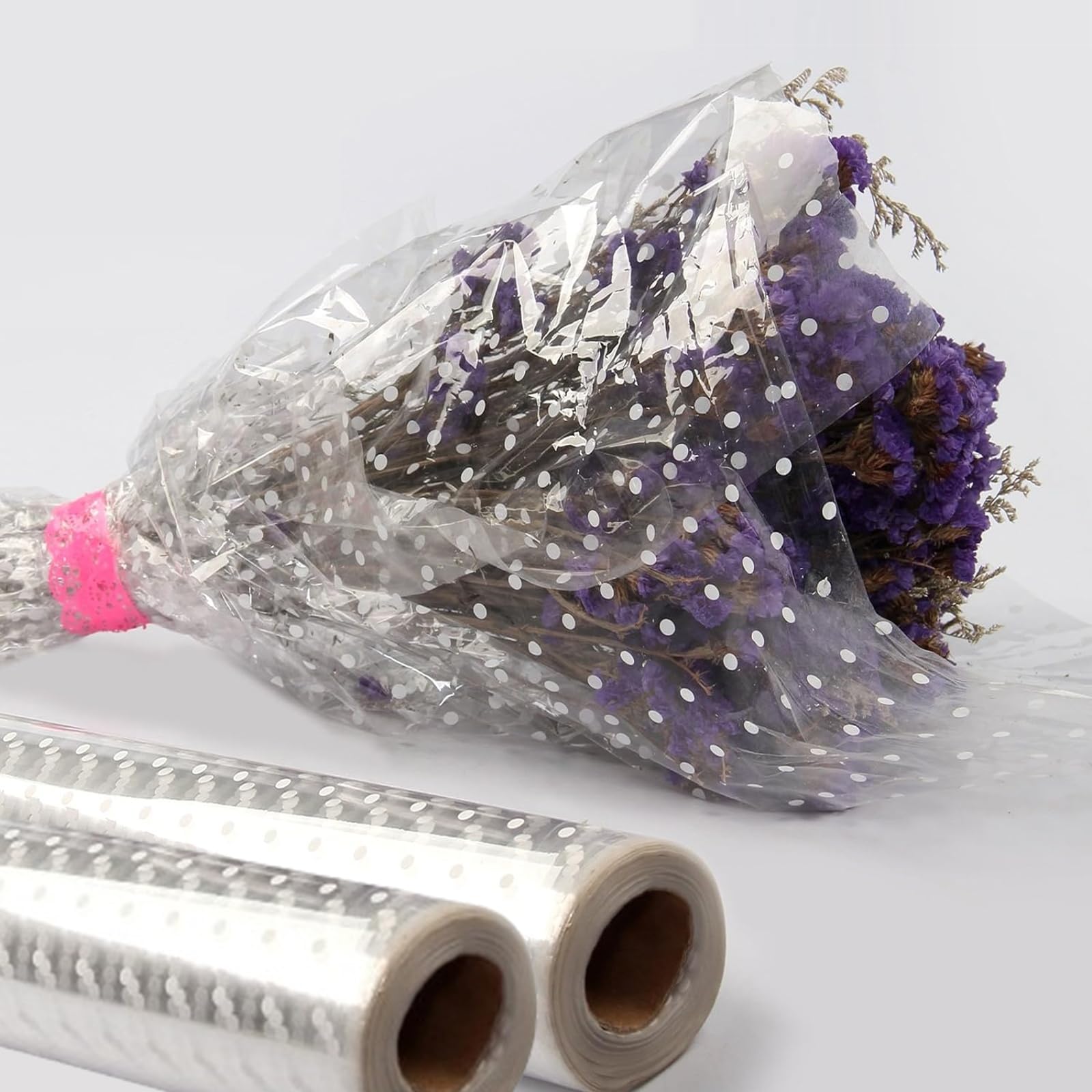 Holdfiturn Cellophane Wrap Roll White Dot (100m x 80cm-2 Rolls) Cellophane Roll Gift Wrappings for Hamper Bouquet Baskets Wrapping Arts Flower Crafts Supplies, 2.5 Mil Thickness