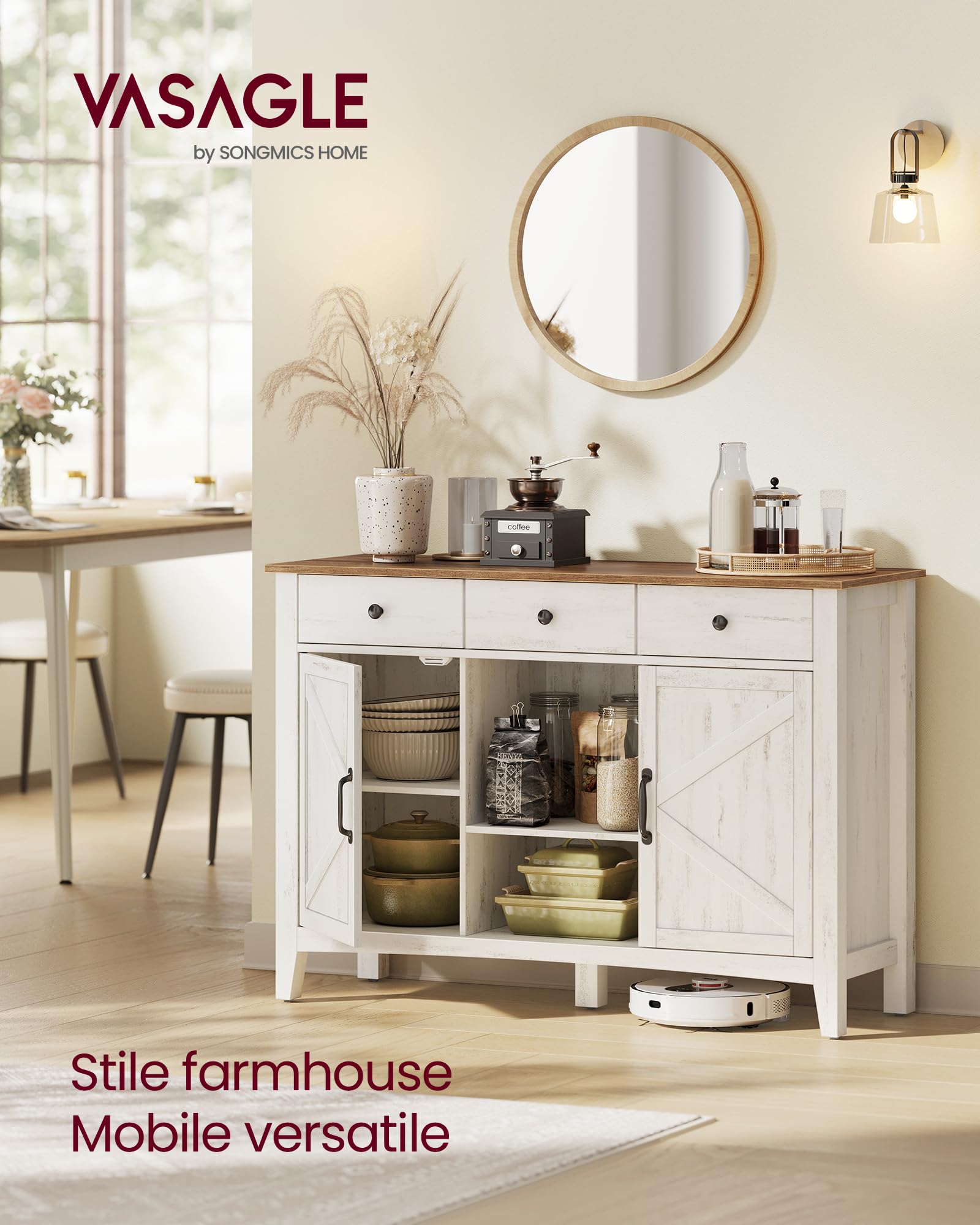VASAGLE Mobiletto da cucina, credenza con cassetti, armadietto portaoggetti con ante, ripiano regolabile, stile rustico, per soggiorno, cucina, 40 x 114,5 x 80 cm, bianco vintage e marrone miele