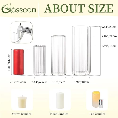 Miniatura 5 de Glasseam Portavelas de vidrio acanalado, portavelas cilíndricos para velas de pilar, juego de 6 portavelas transparentes de huracán, jarrones